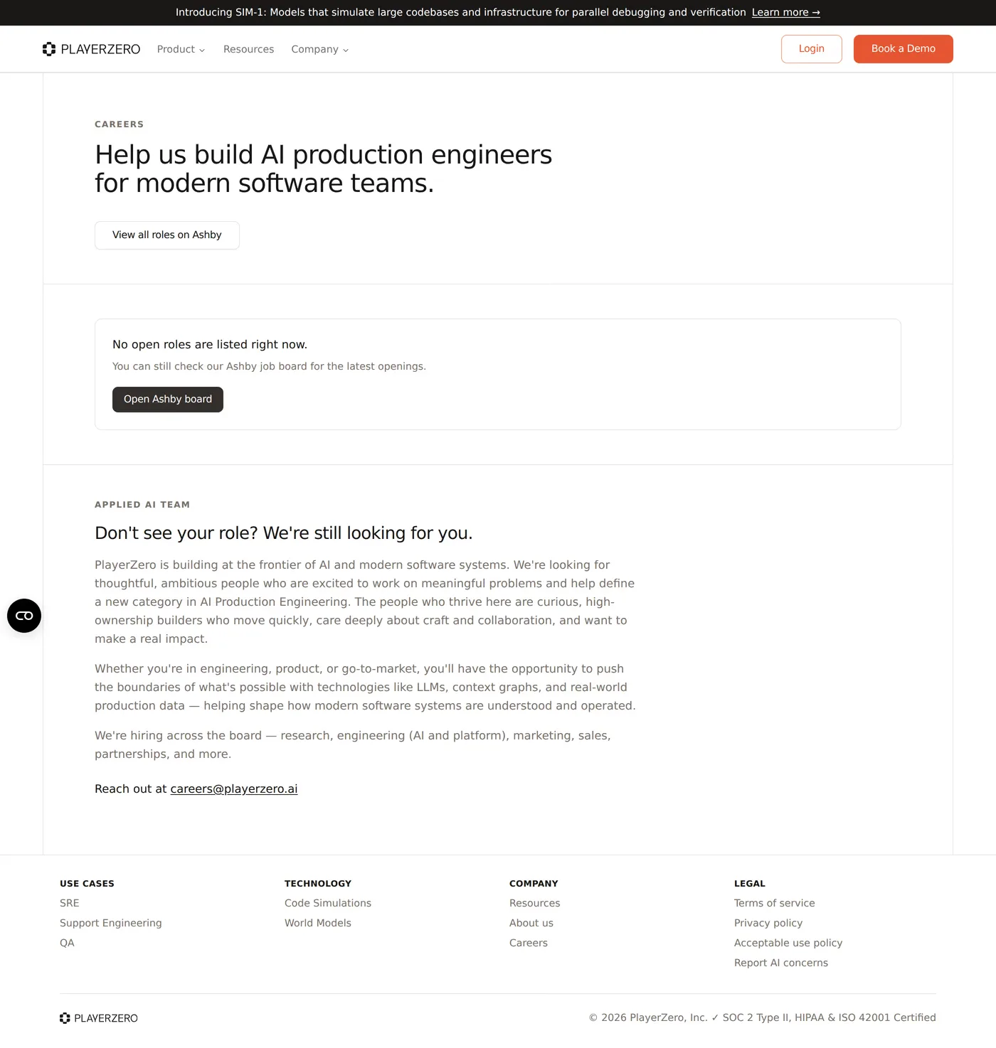 PlayerZero — screenshot of the careers page