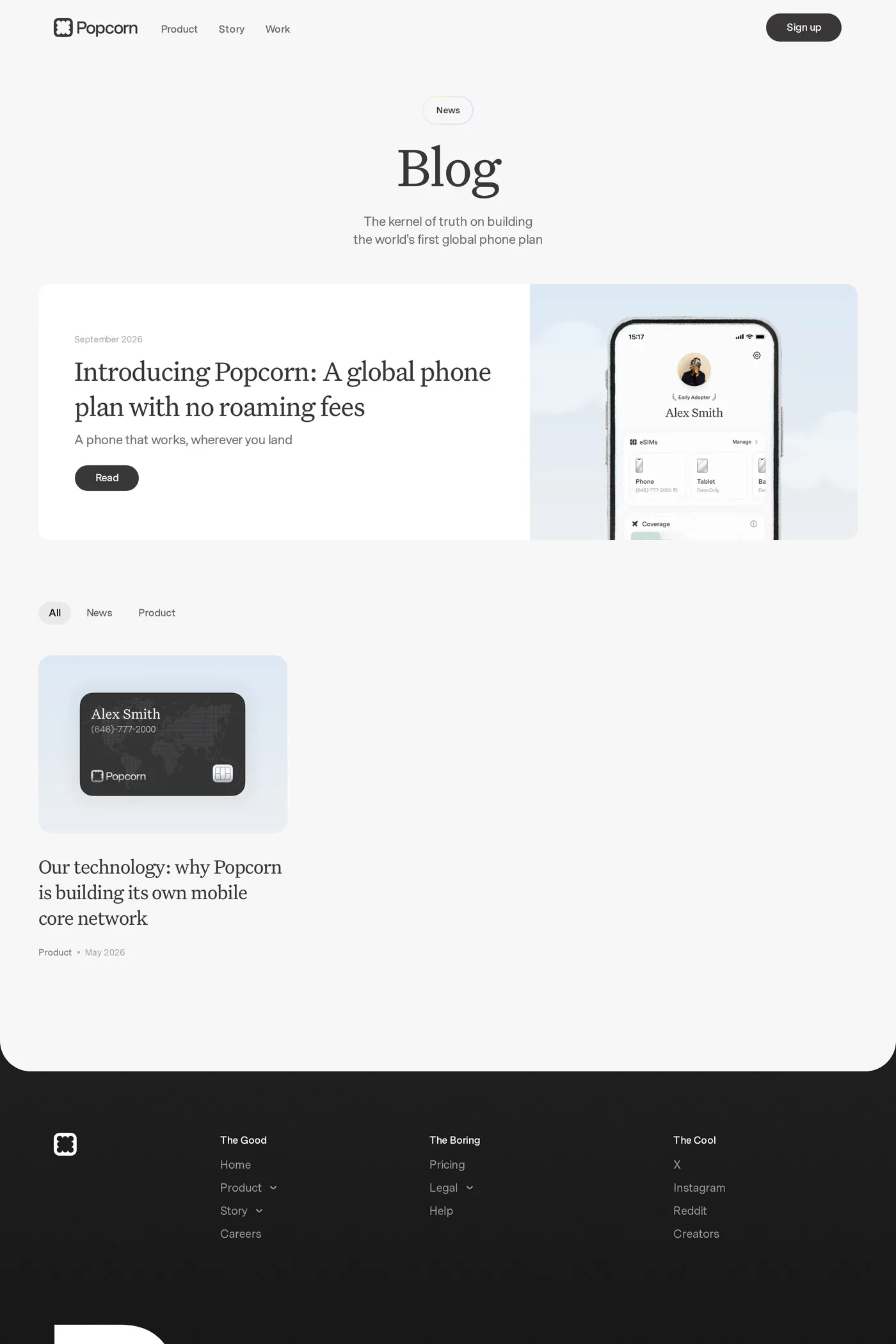 Popcorn — screenshot of the blog page