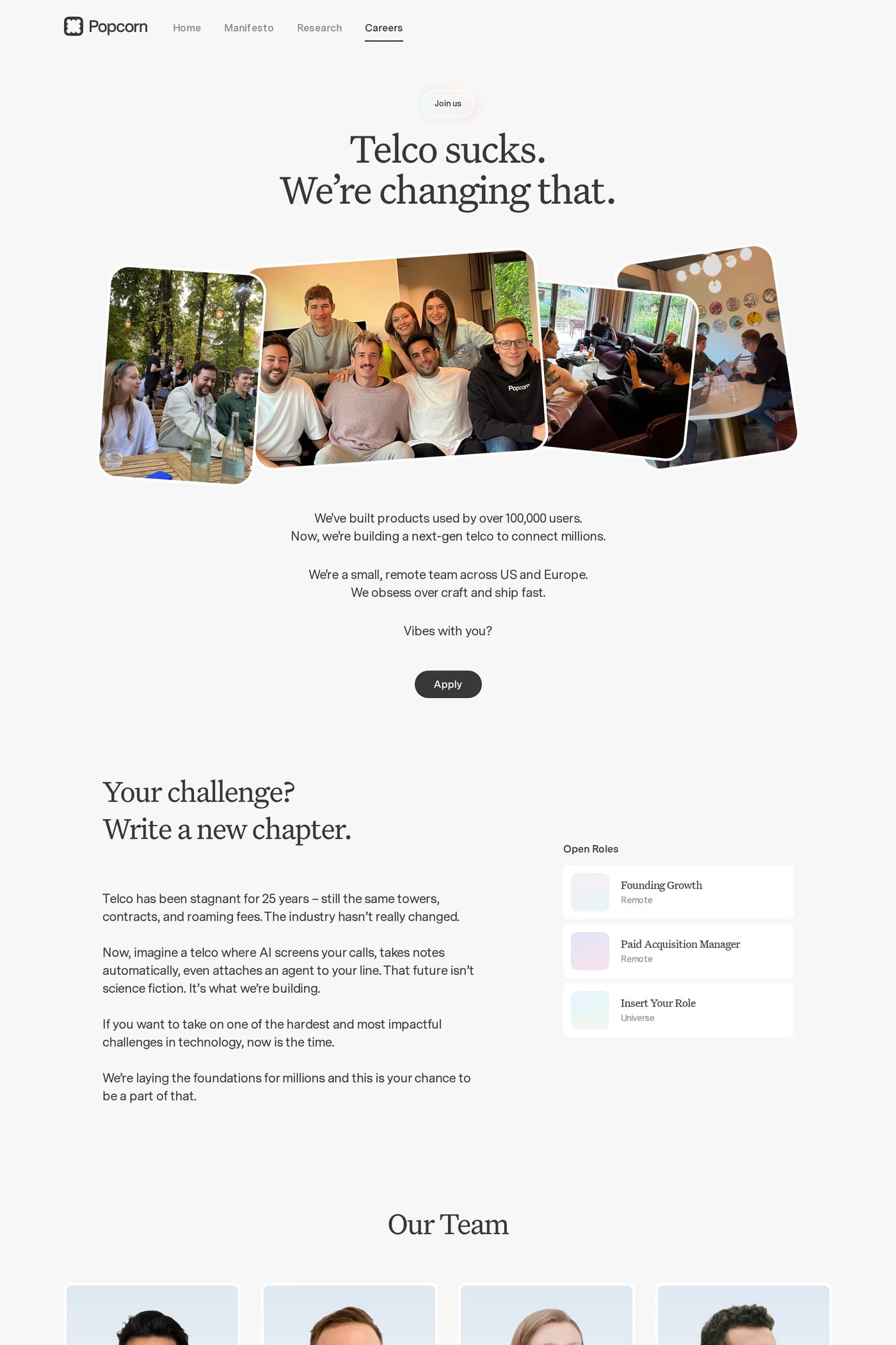 Popcorn — screenshot of the careers page