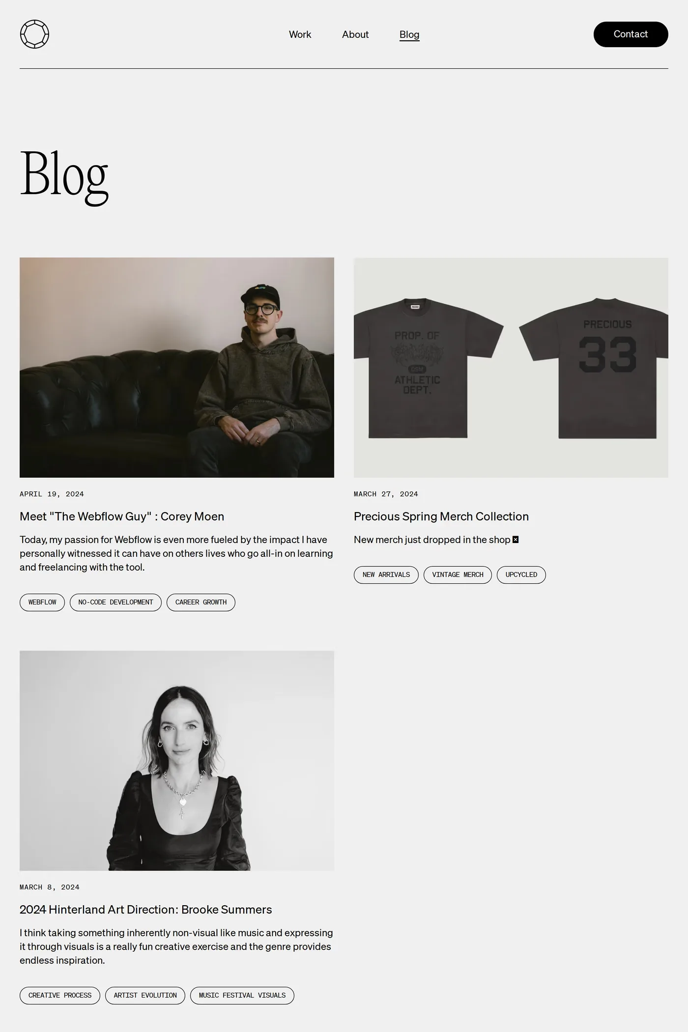 Precious — screenshot of the blog page