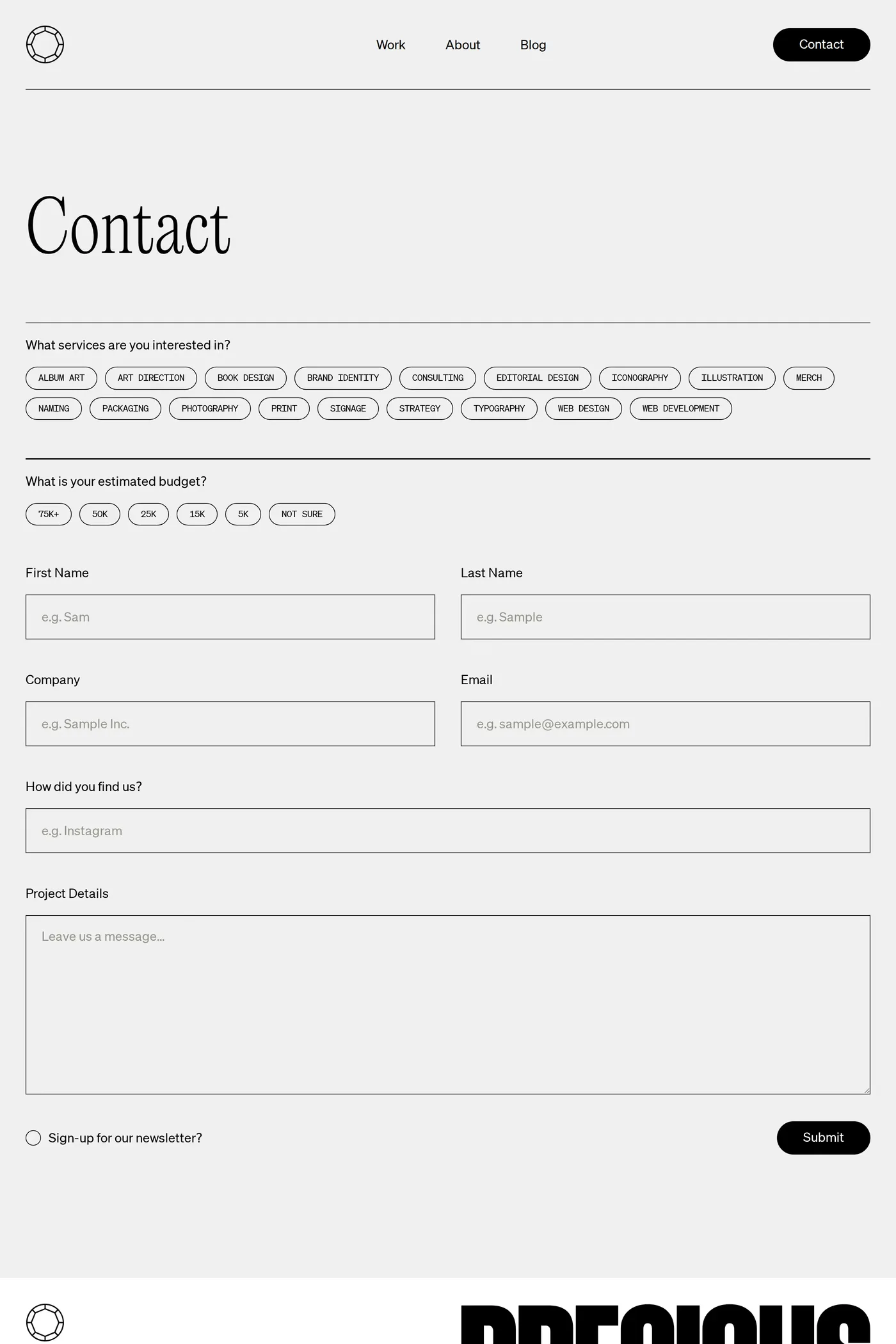 Precious — screenshot of the contact page