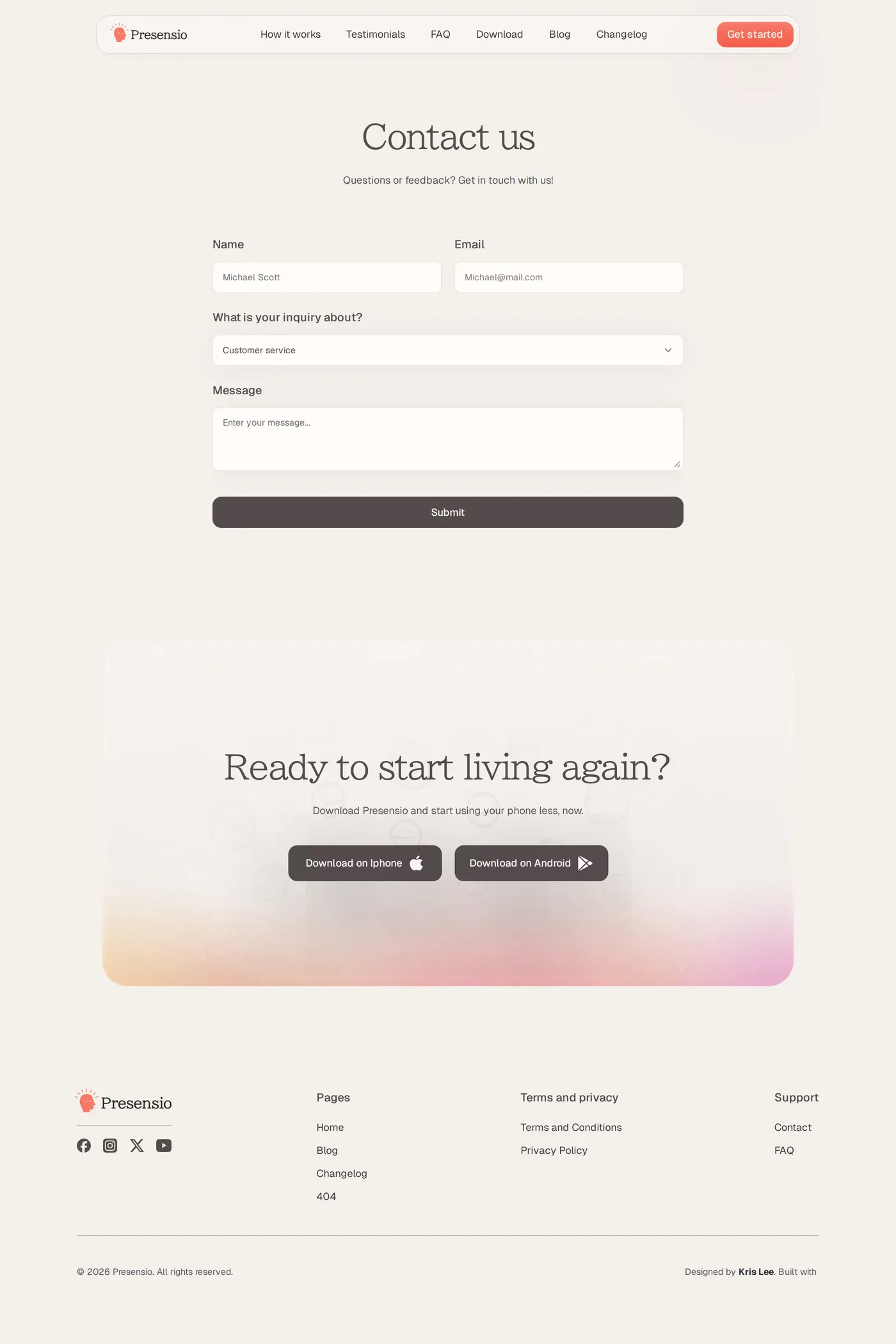 Presensio — screenshot of the contact page