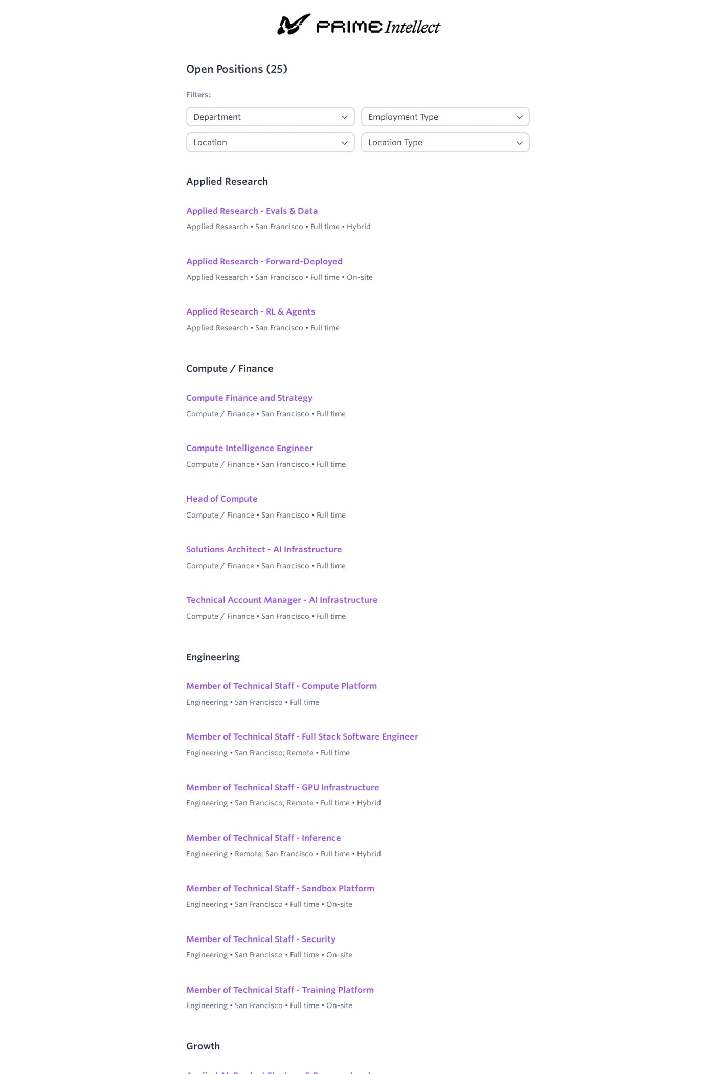 Prime Intellect careers page