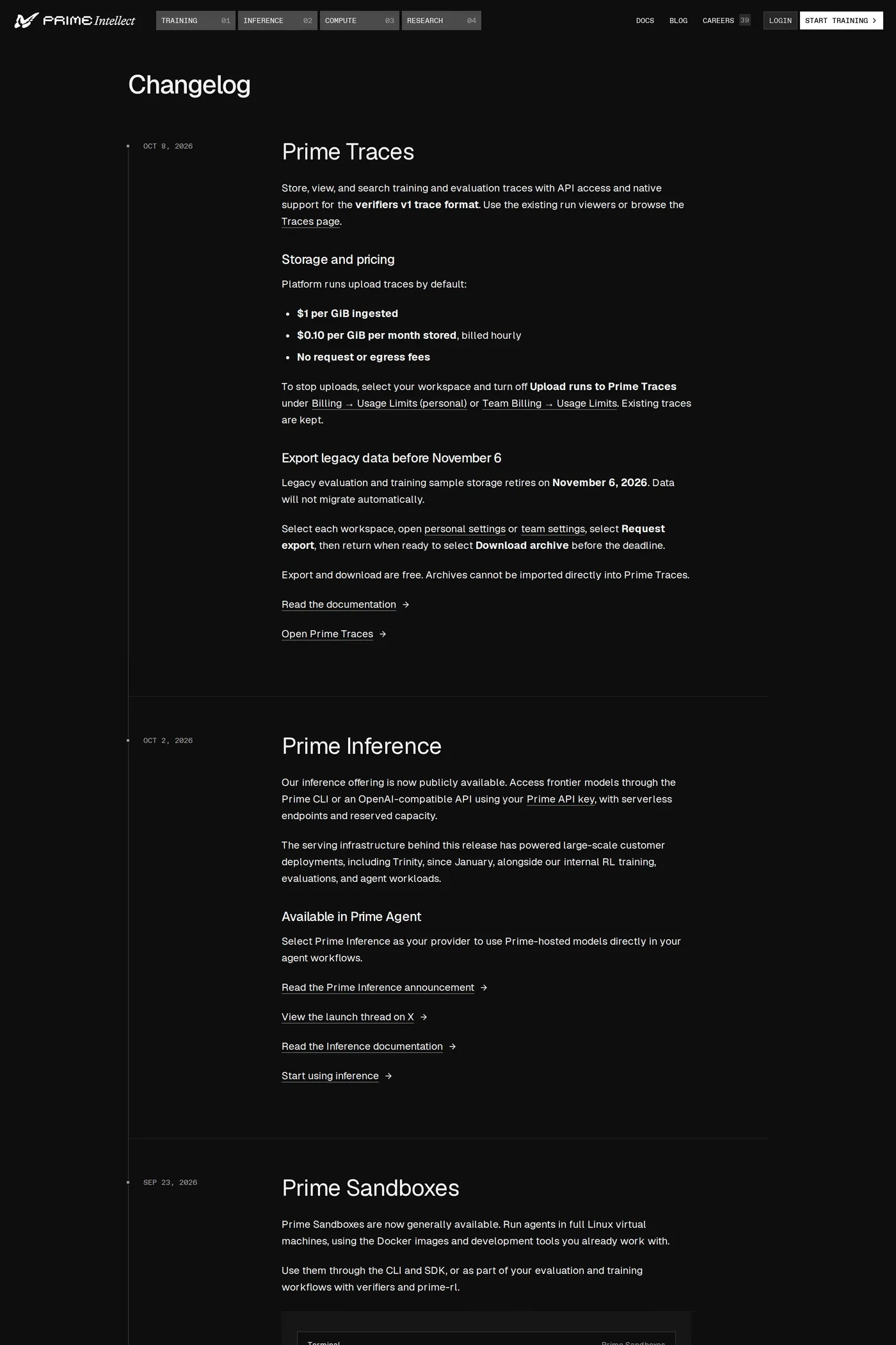 Prime Intellect — screenshot of the changelog page