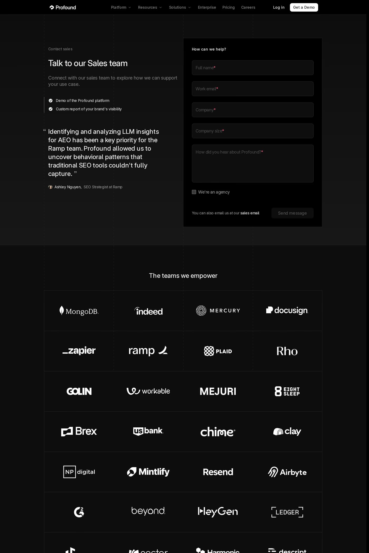 Profound — screenshot of the contact page