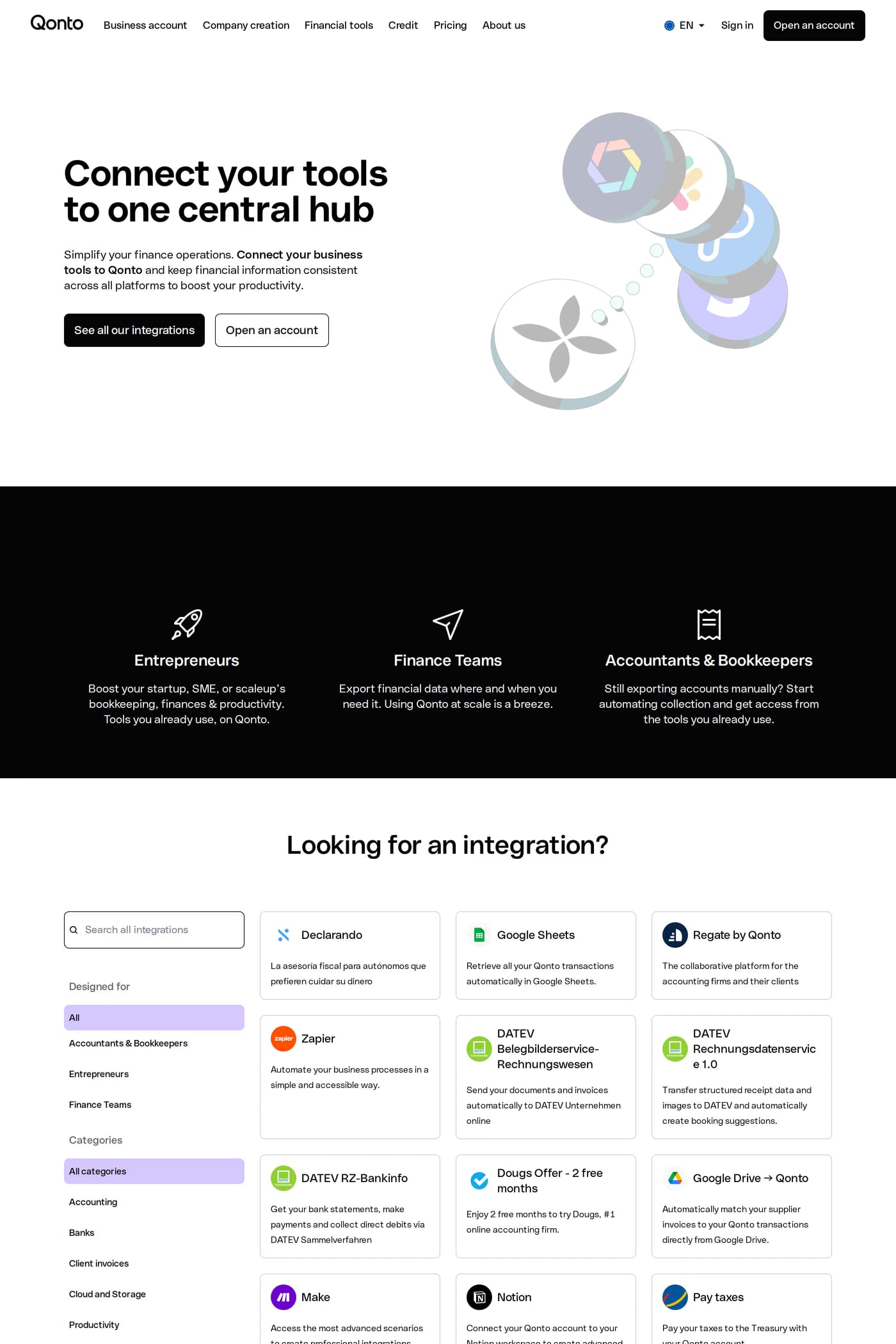 Qonto — screenshot of the integrations page