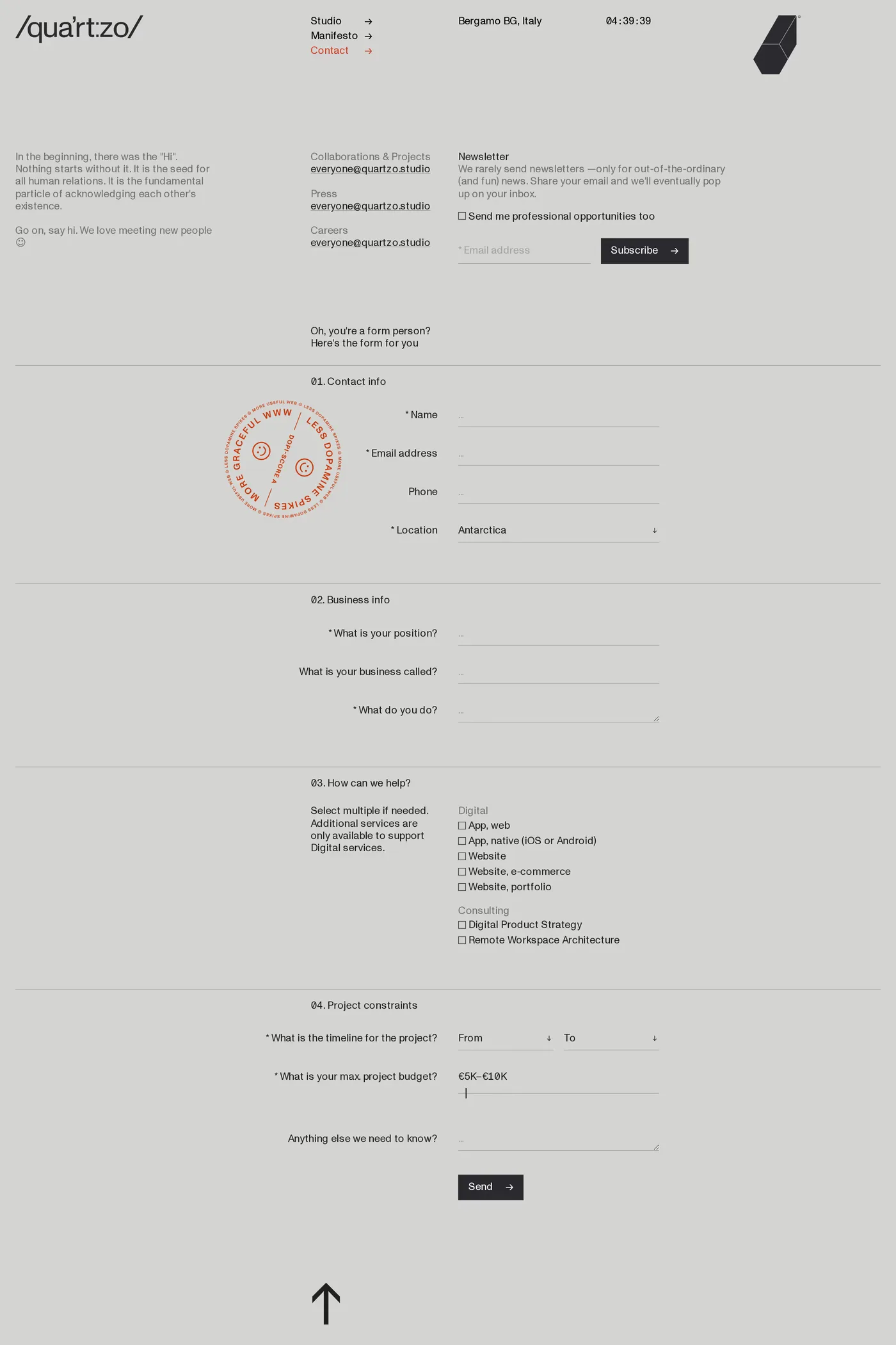 Quartzo Studio — screenshot of the contact page