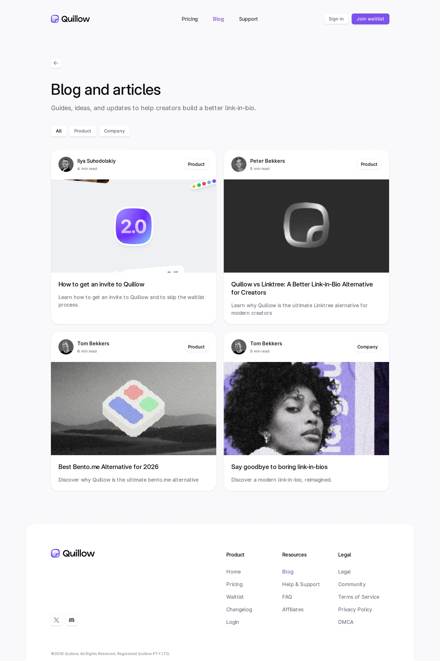Quillow — screenshot of the blog page