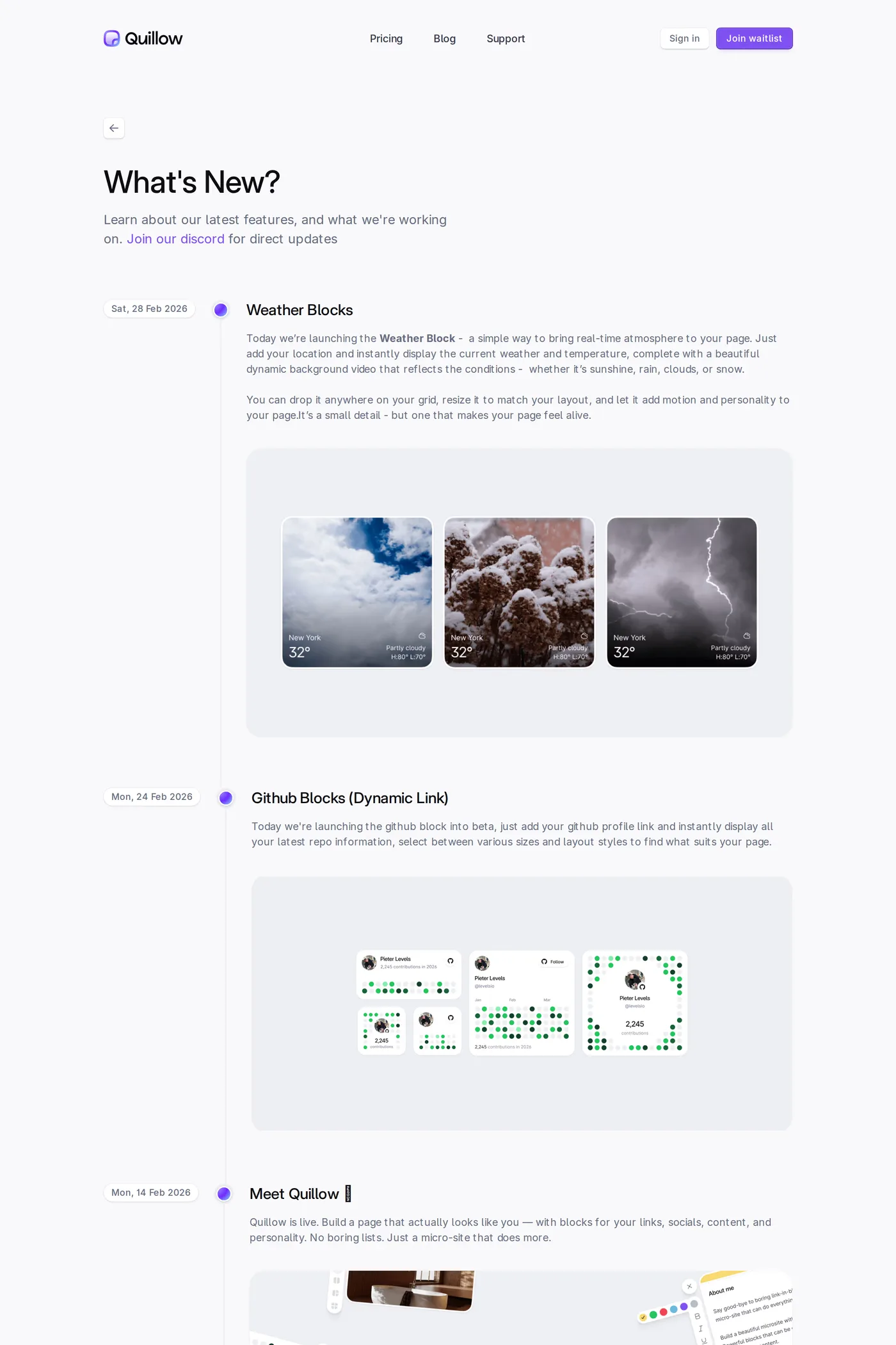 Quillow — screenshot of the changelog page