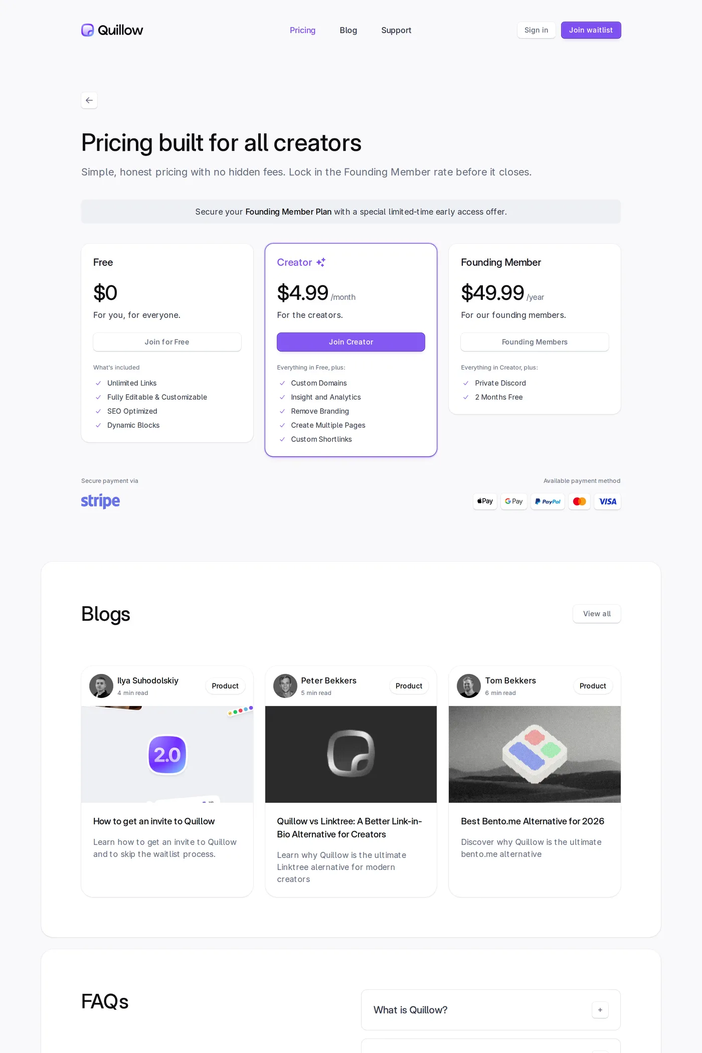 Quillow — screenshot of the pricing page