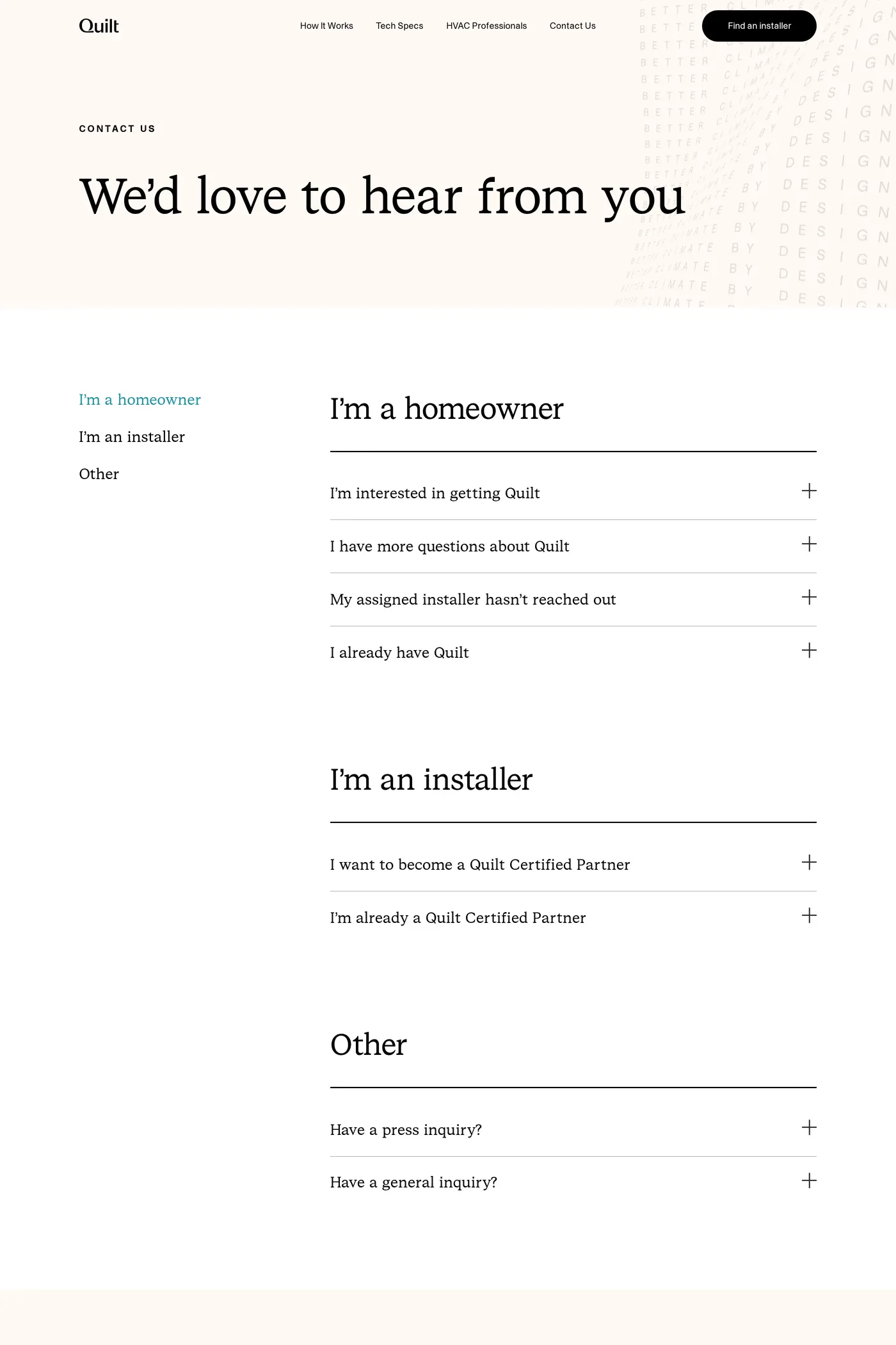 Quilt — screenshot of the contact page