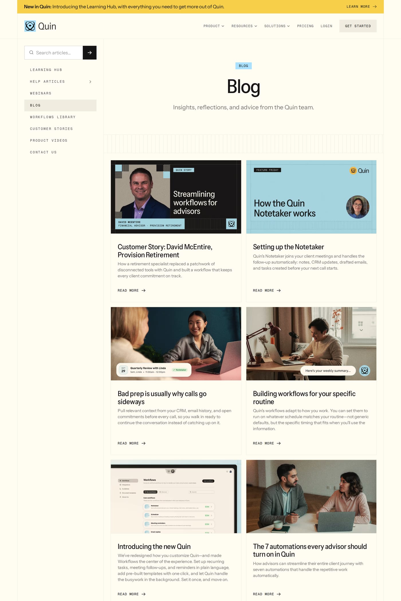 Quin — screenshot of the blog page