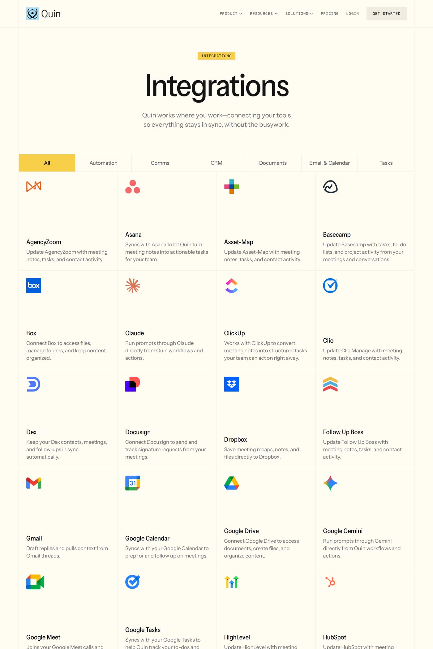 Quin — screenshot of the integrations page