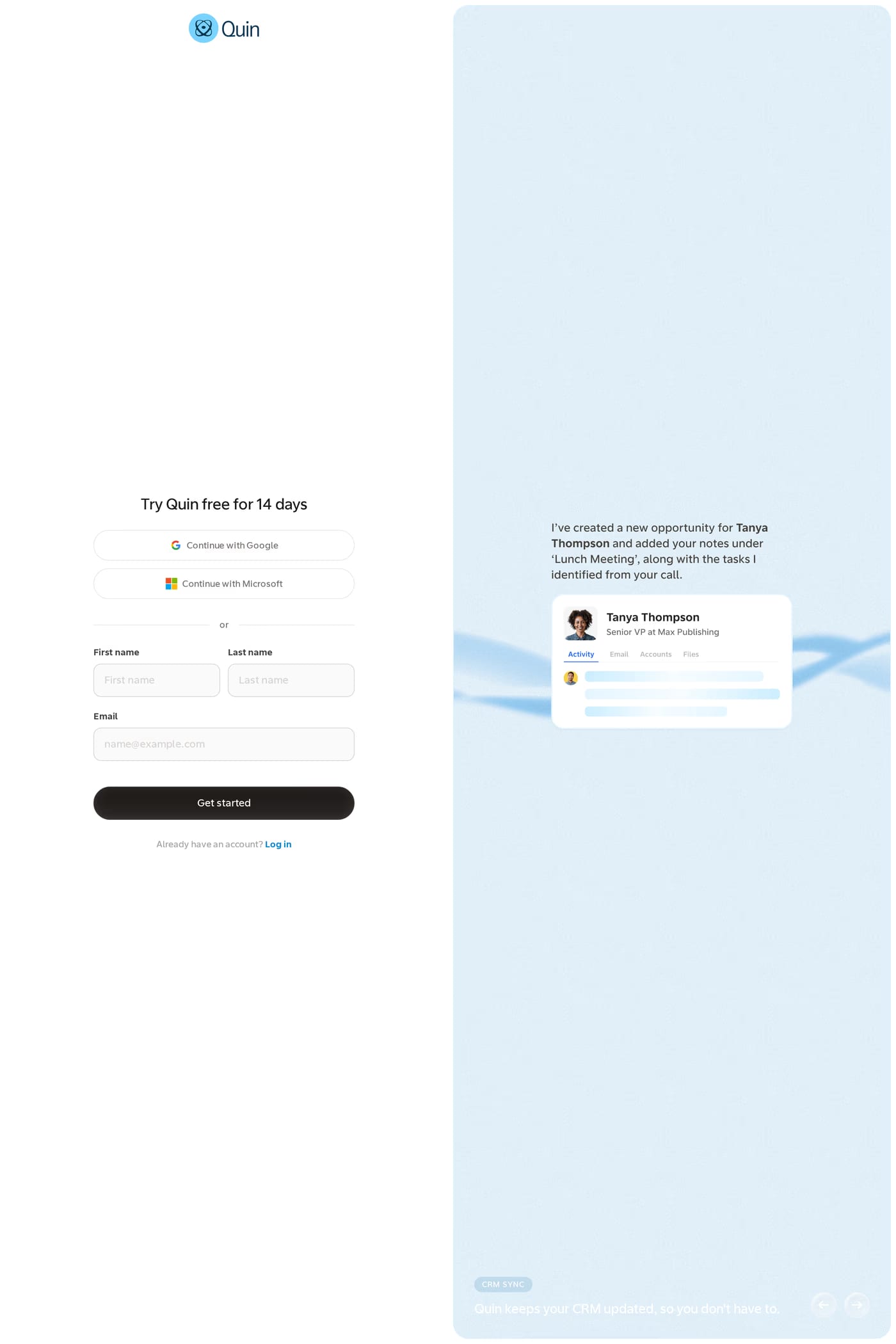 Quin sign up page
