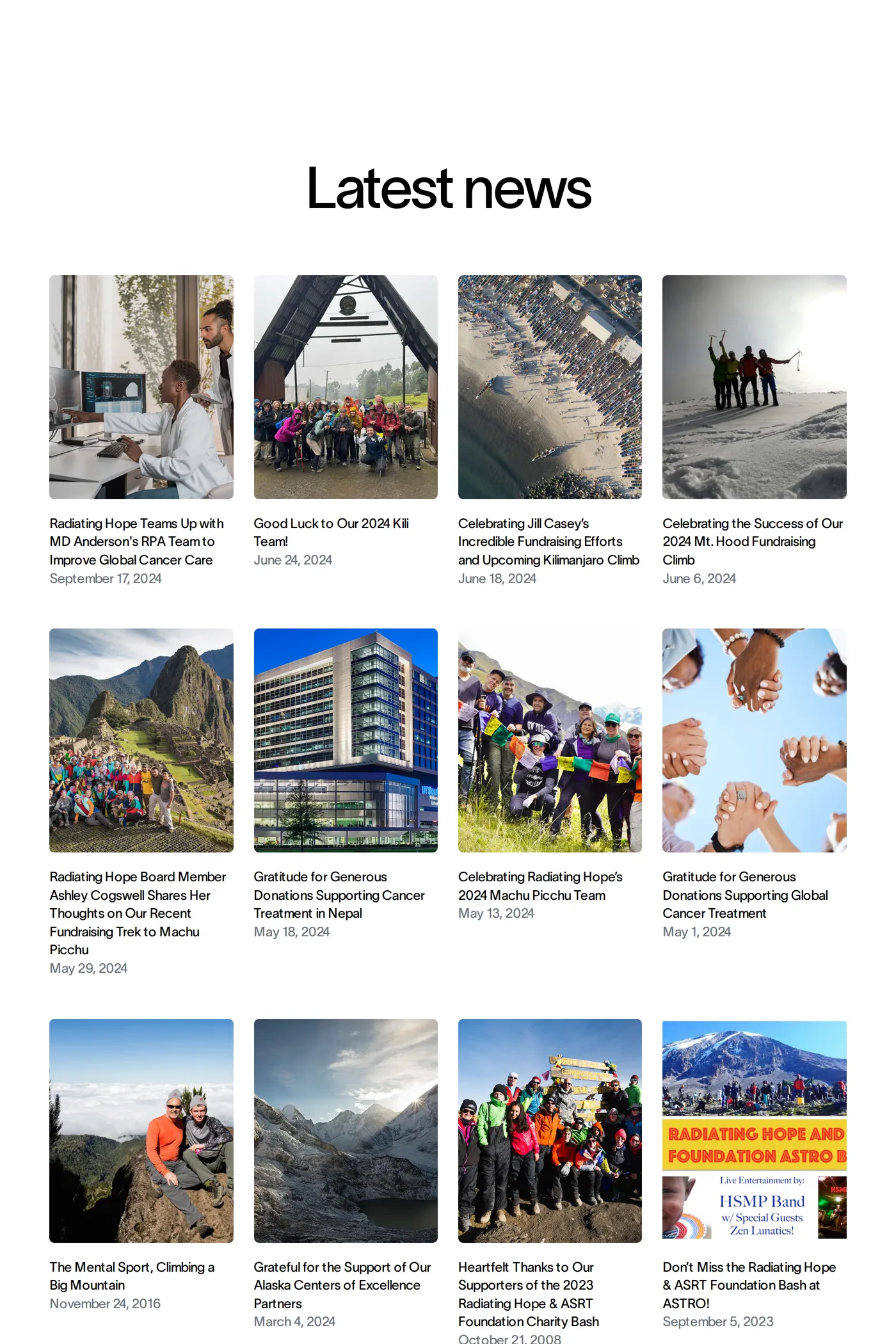 Radiating Hope — screenshot of the blog page