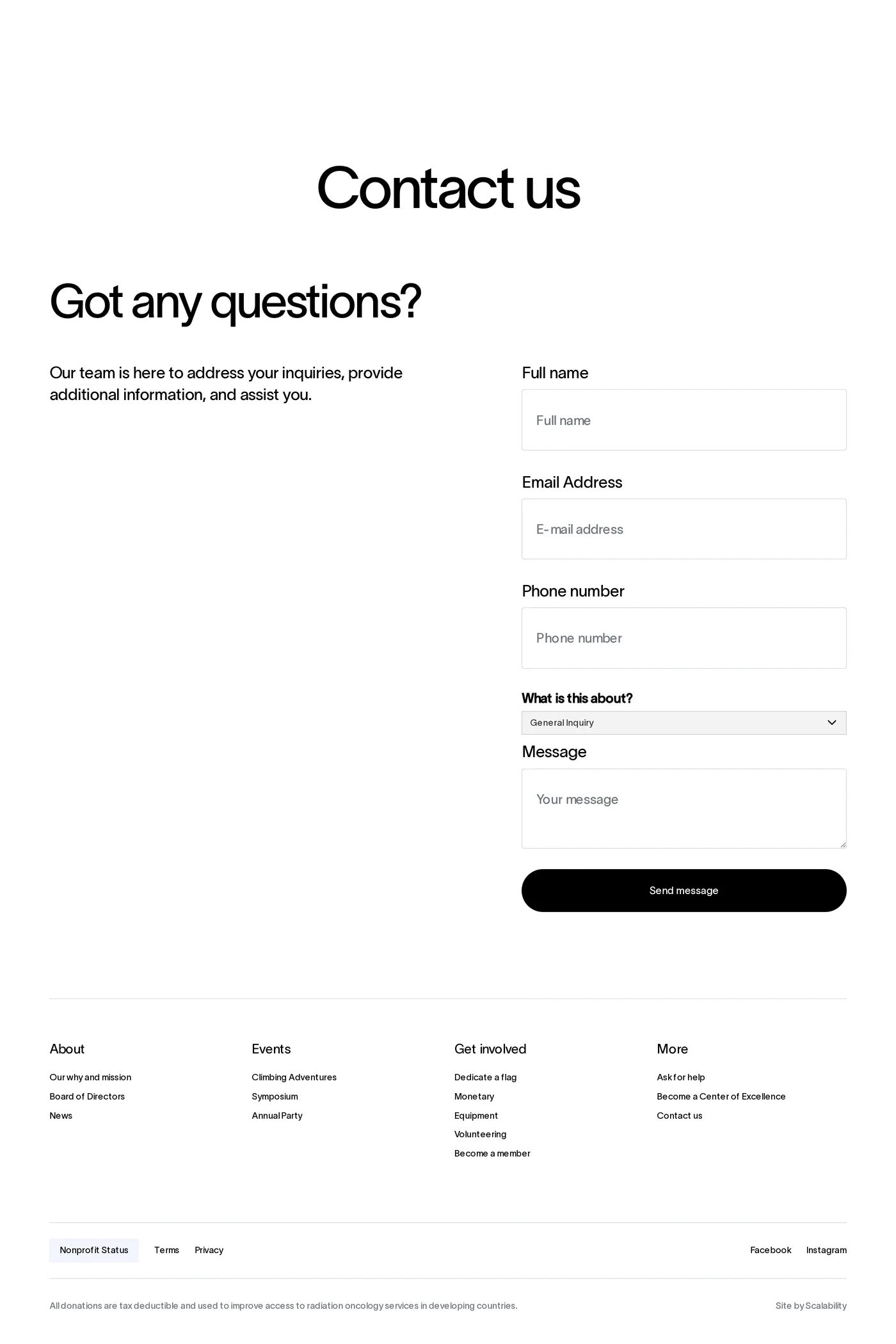 Radiating Hope — screenshot of the contact page