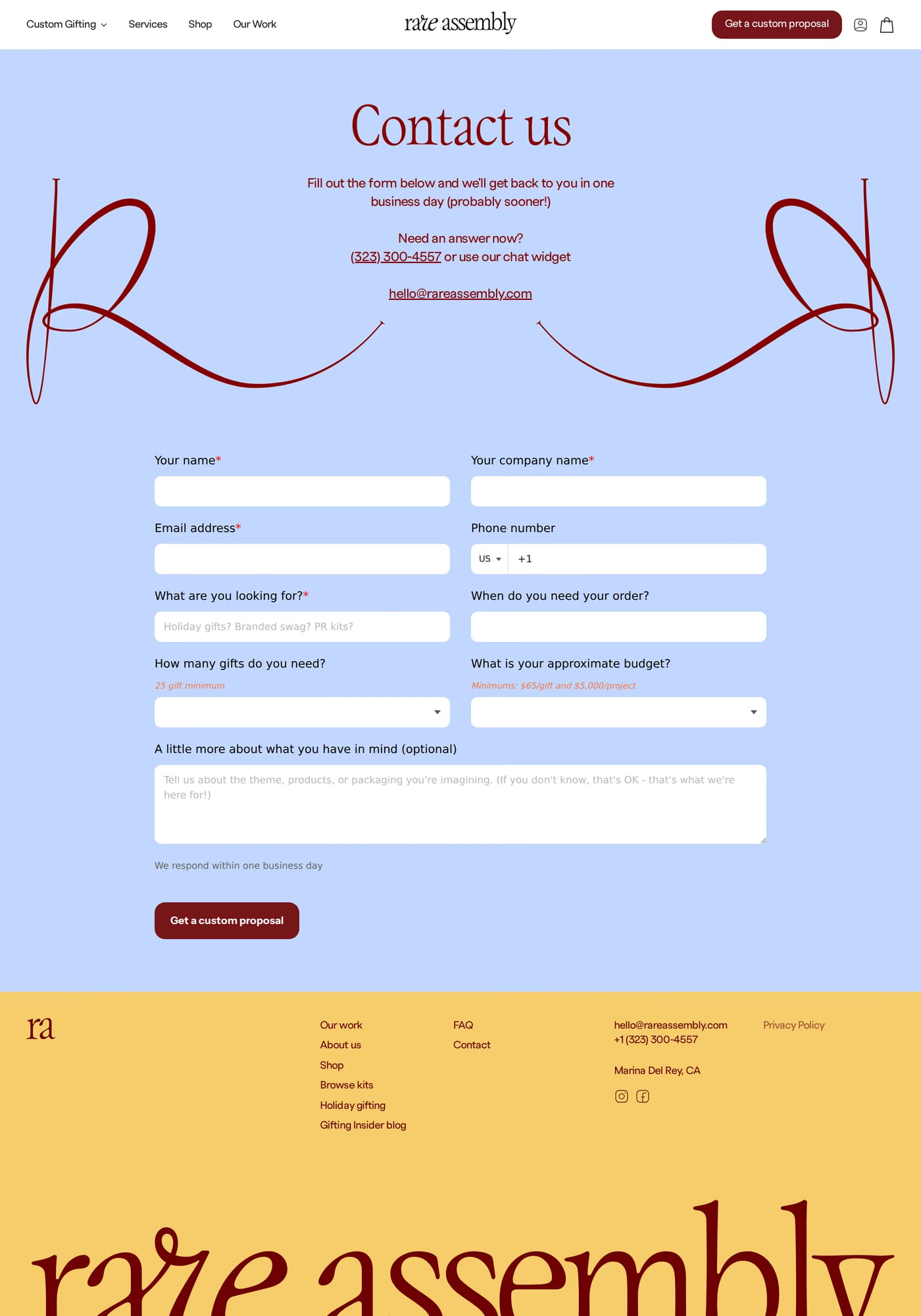 Rare Assembly — screenshot of the contact page