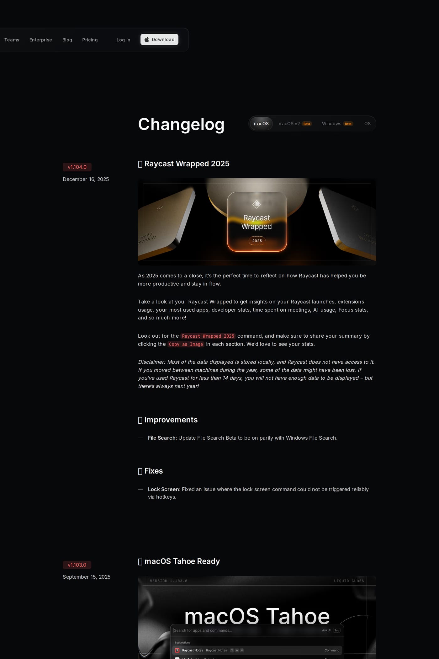 Raycast changelog page