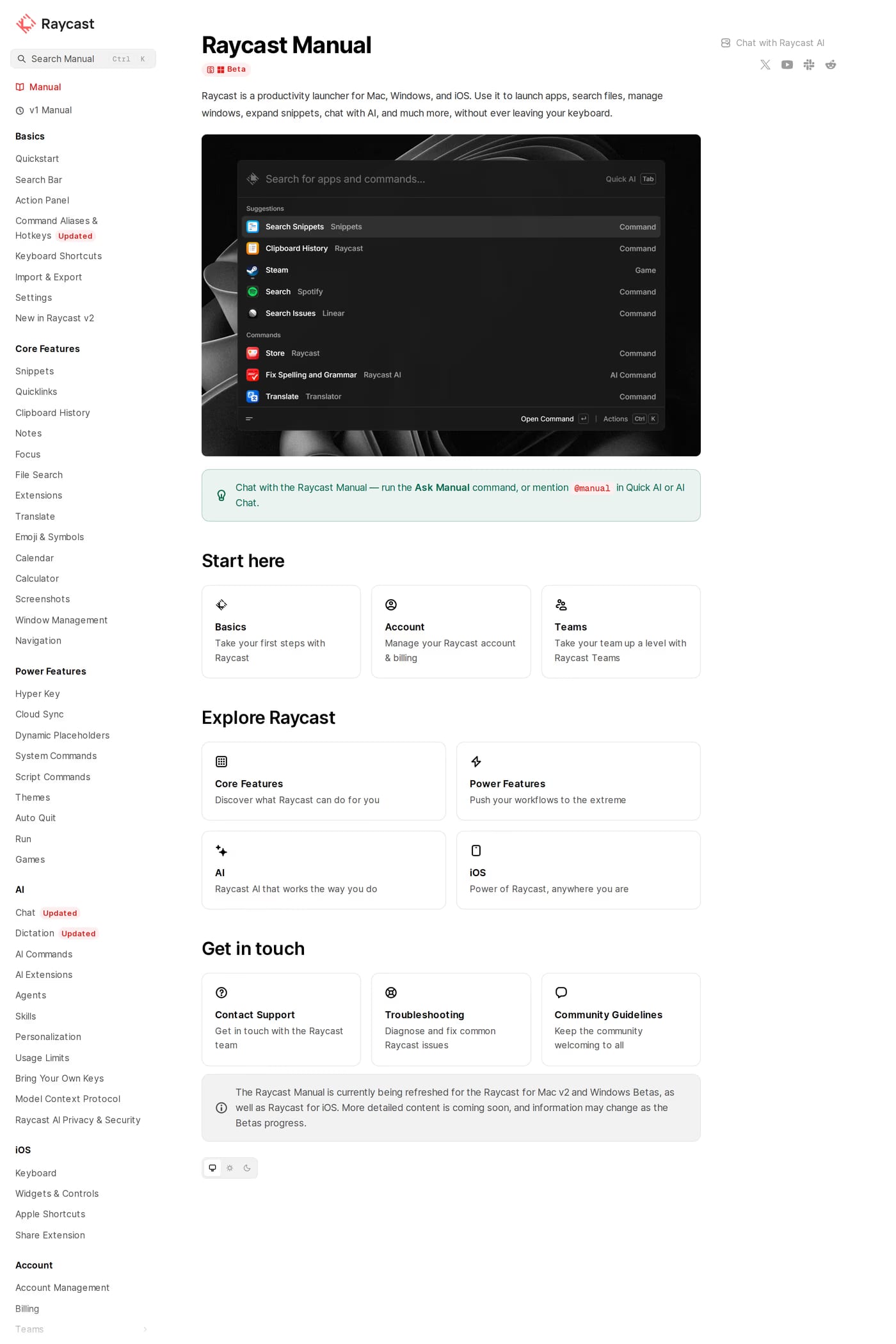Raycast docs page