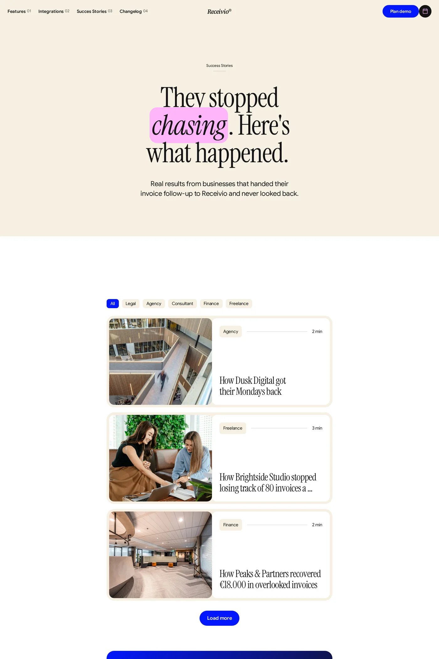 Receivio — screenshot of the case studies page