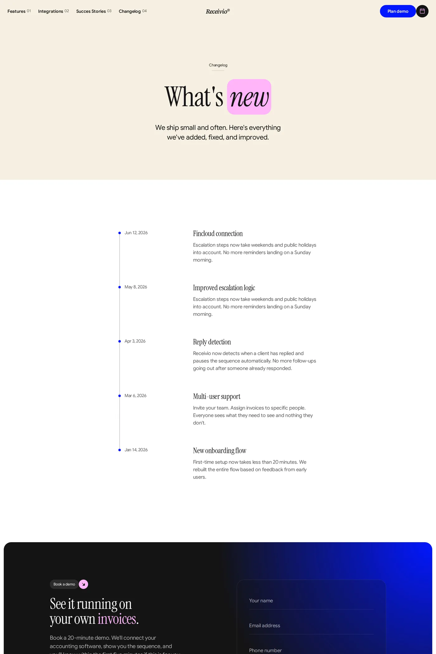 Receivio — screenshot of the changelog page