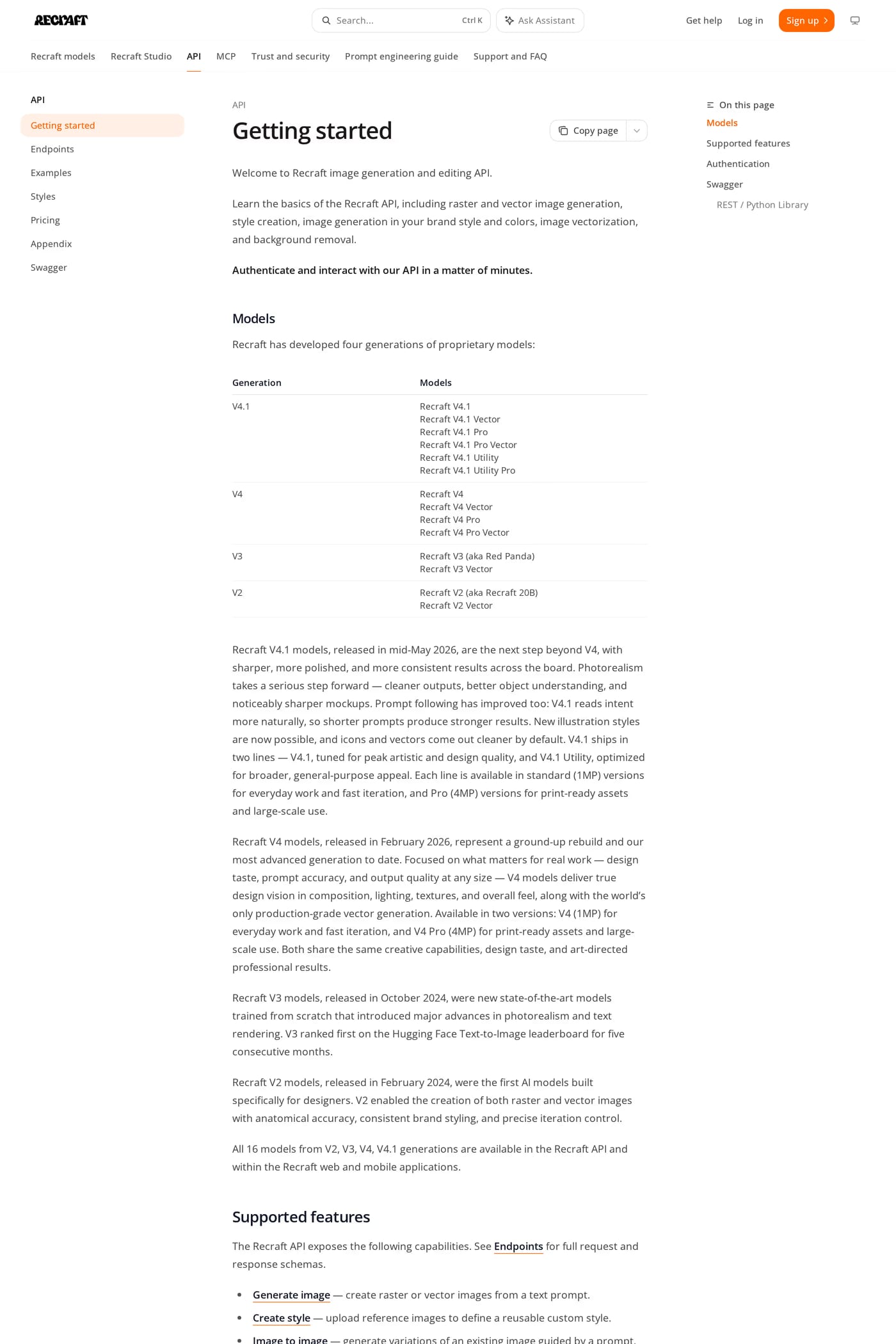 Recraft docs page
