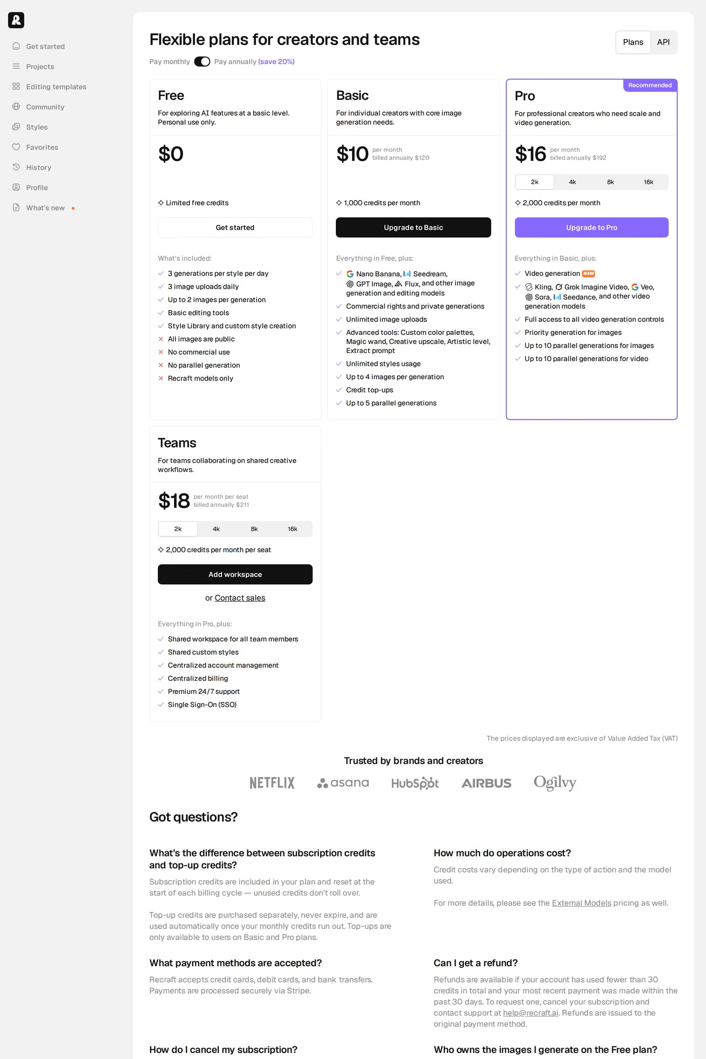 Recraft pricing page