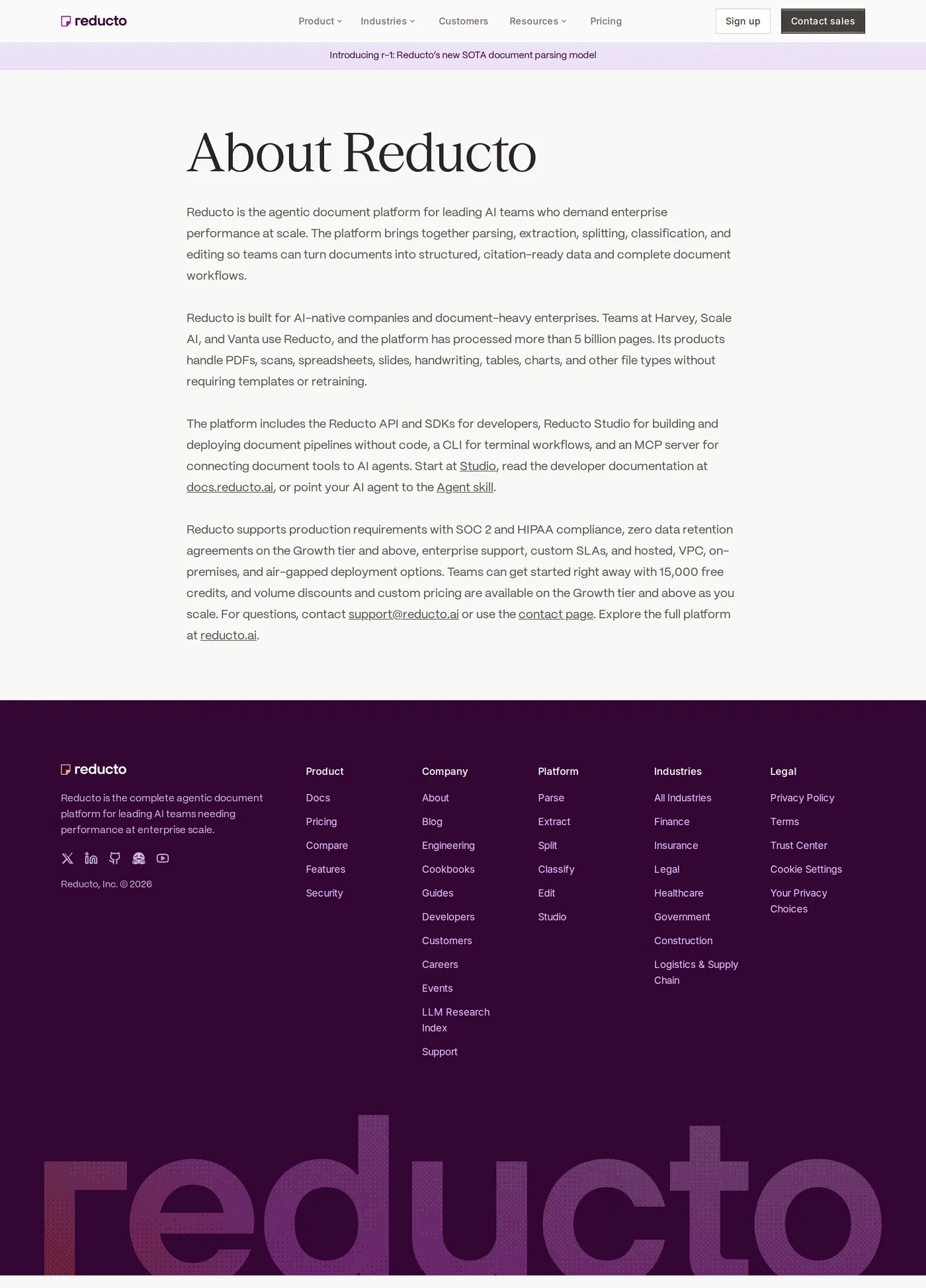 Reducto — screenshot of the about page