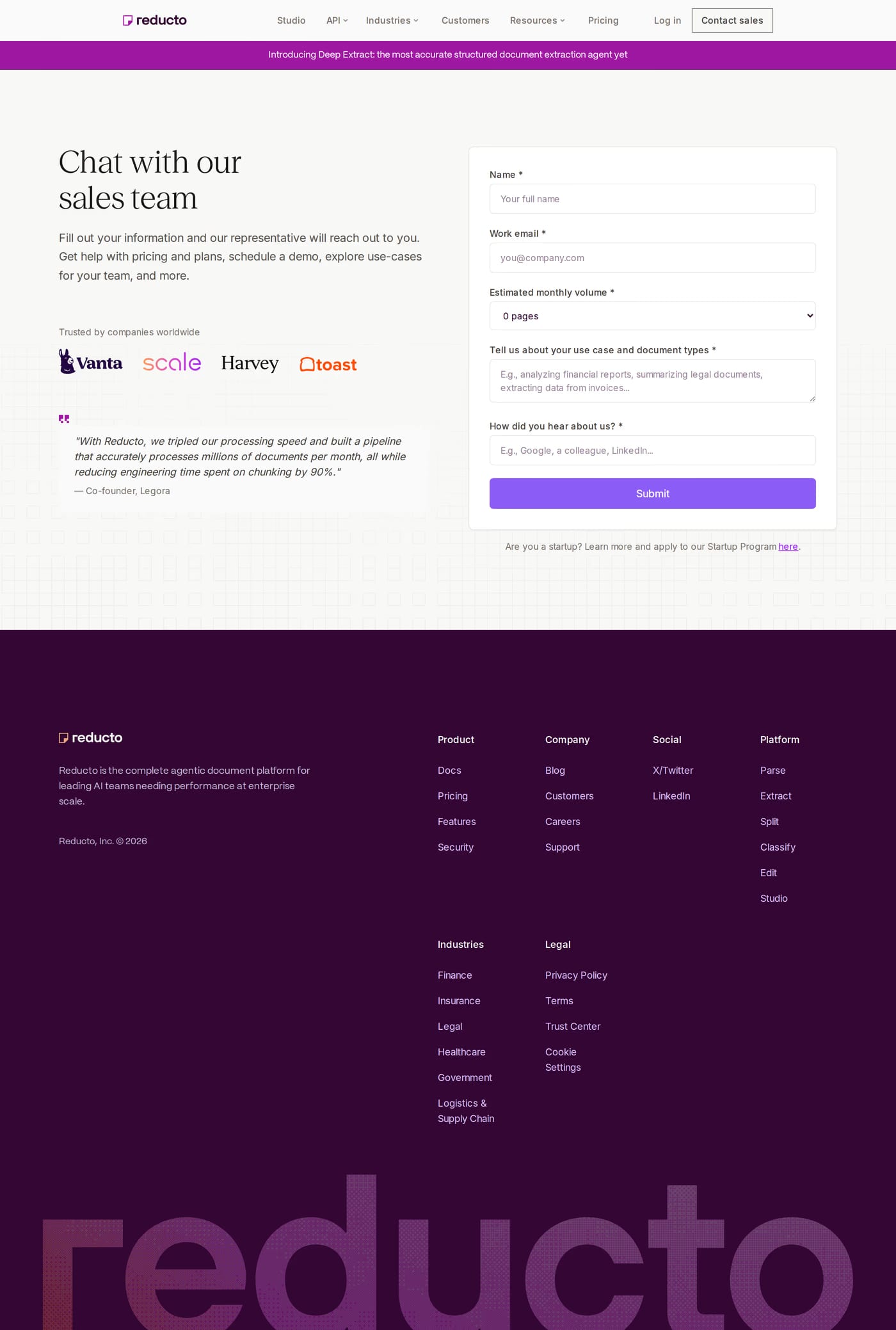 Reducto — screenshot of the contact page