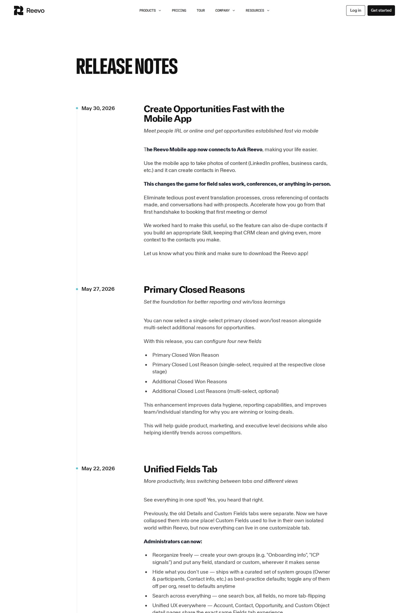 Reevo changelog page