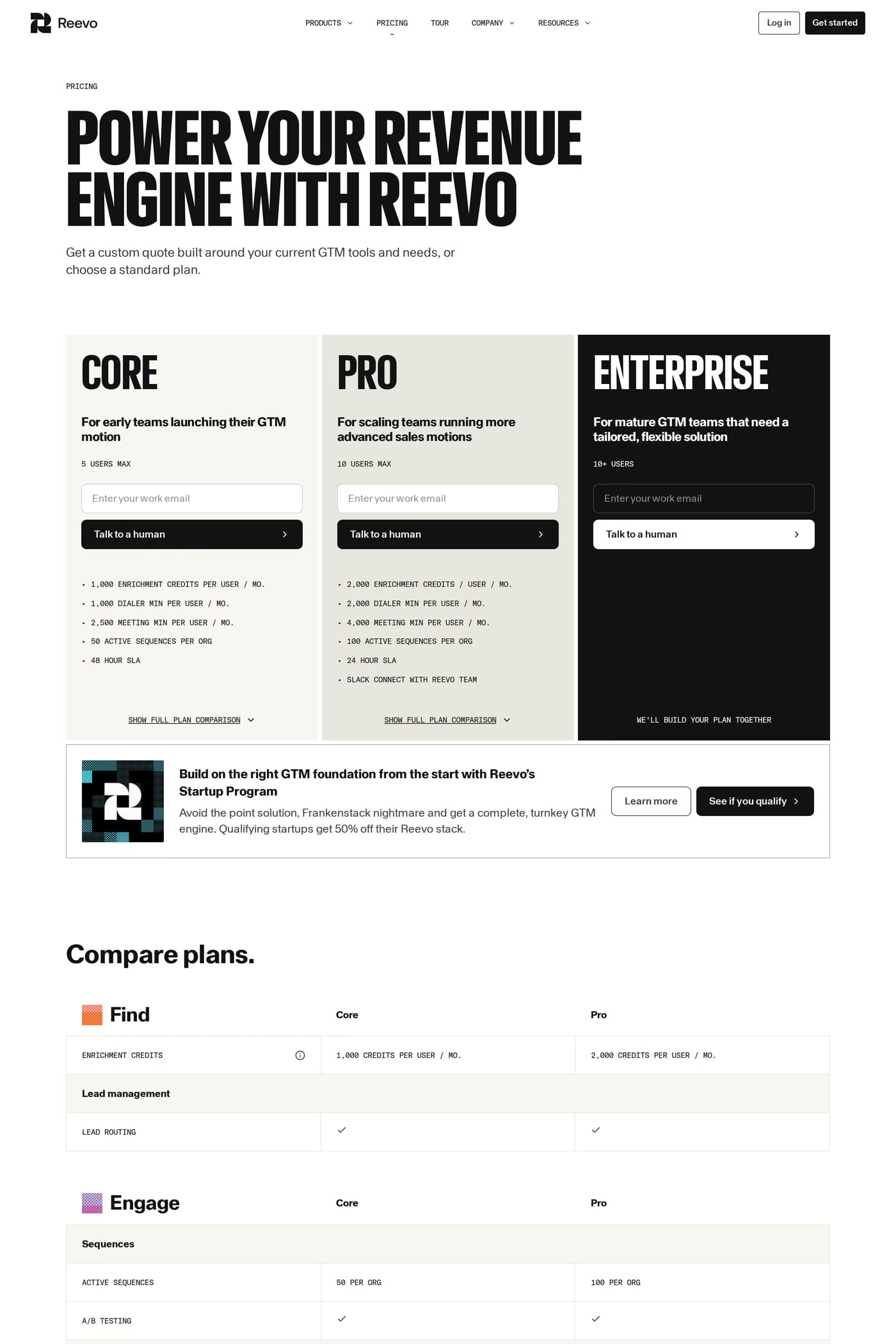 Reevo pricing page