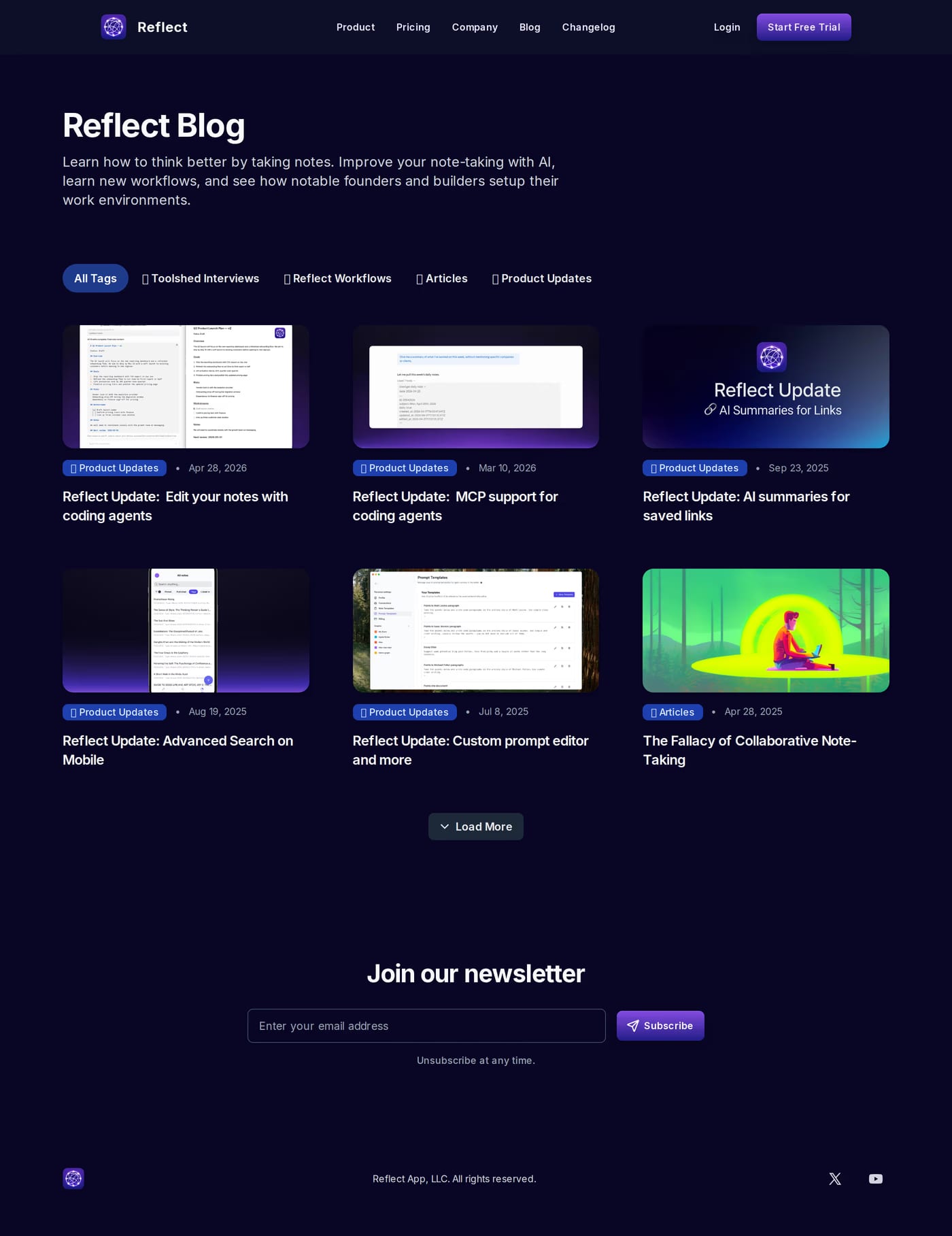 Reflect — screenshot of the blog page