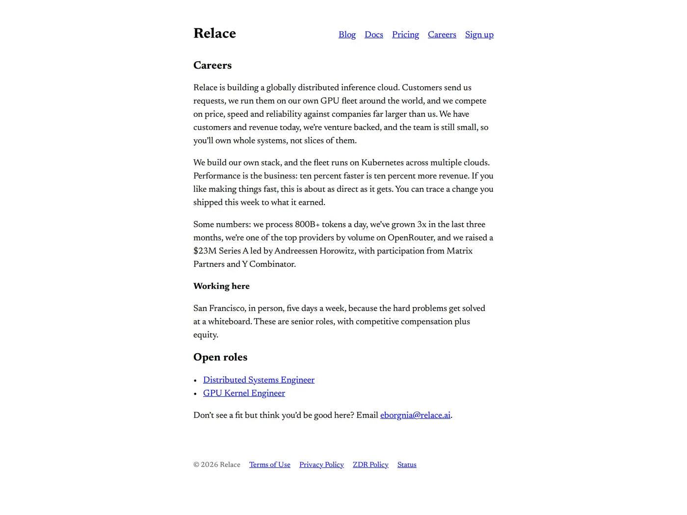Relace — screenshot of the careers page