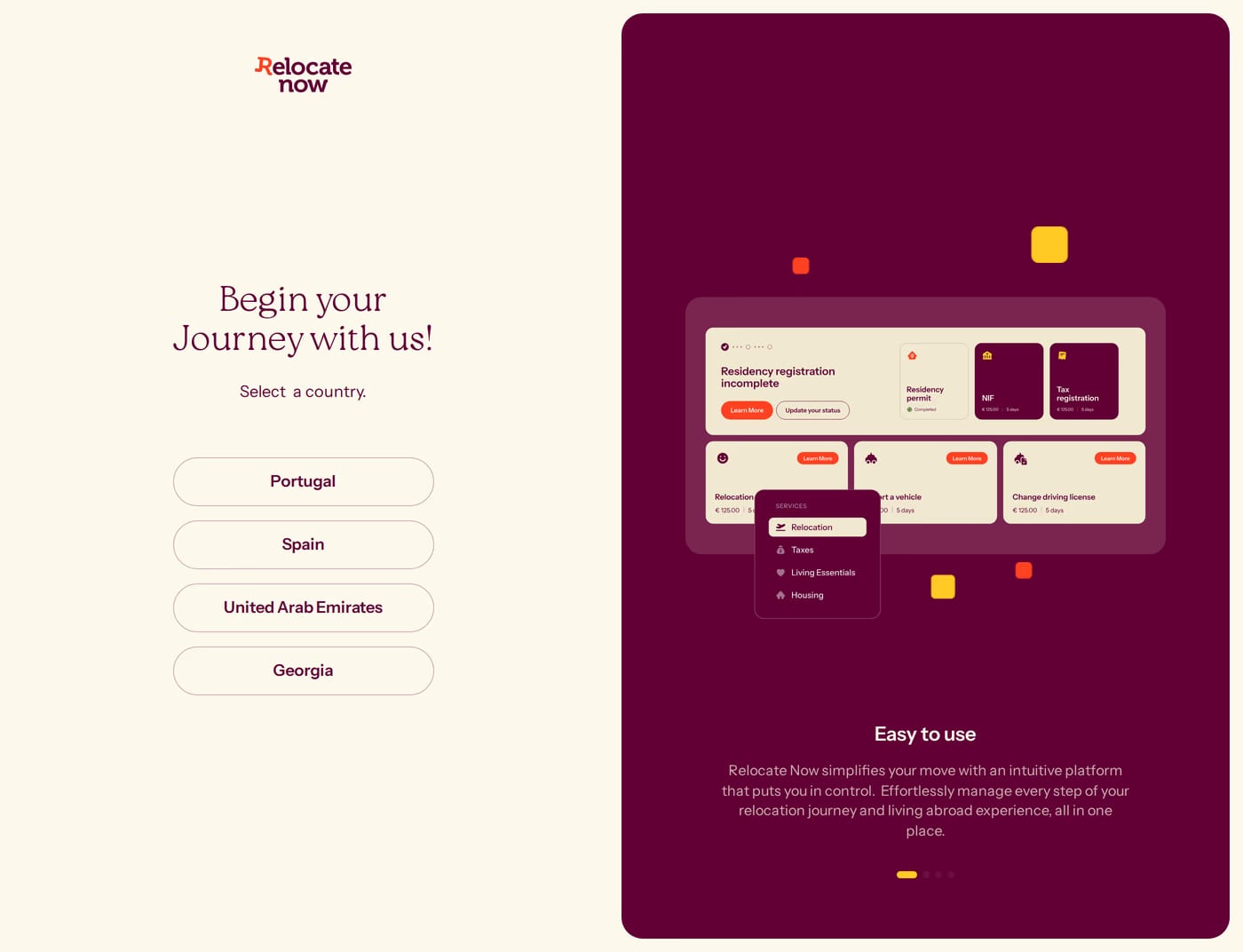 Relocate Now sign up page