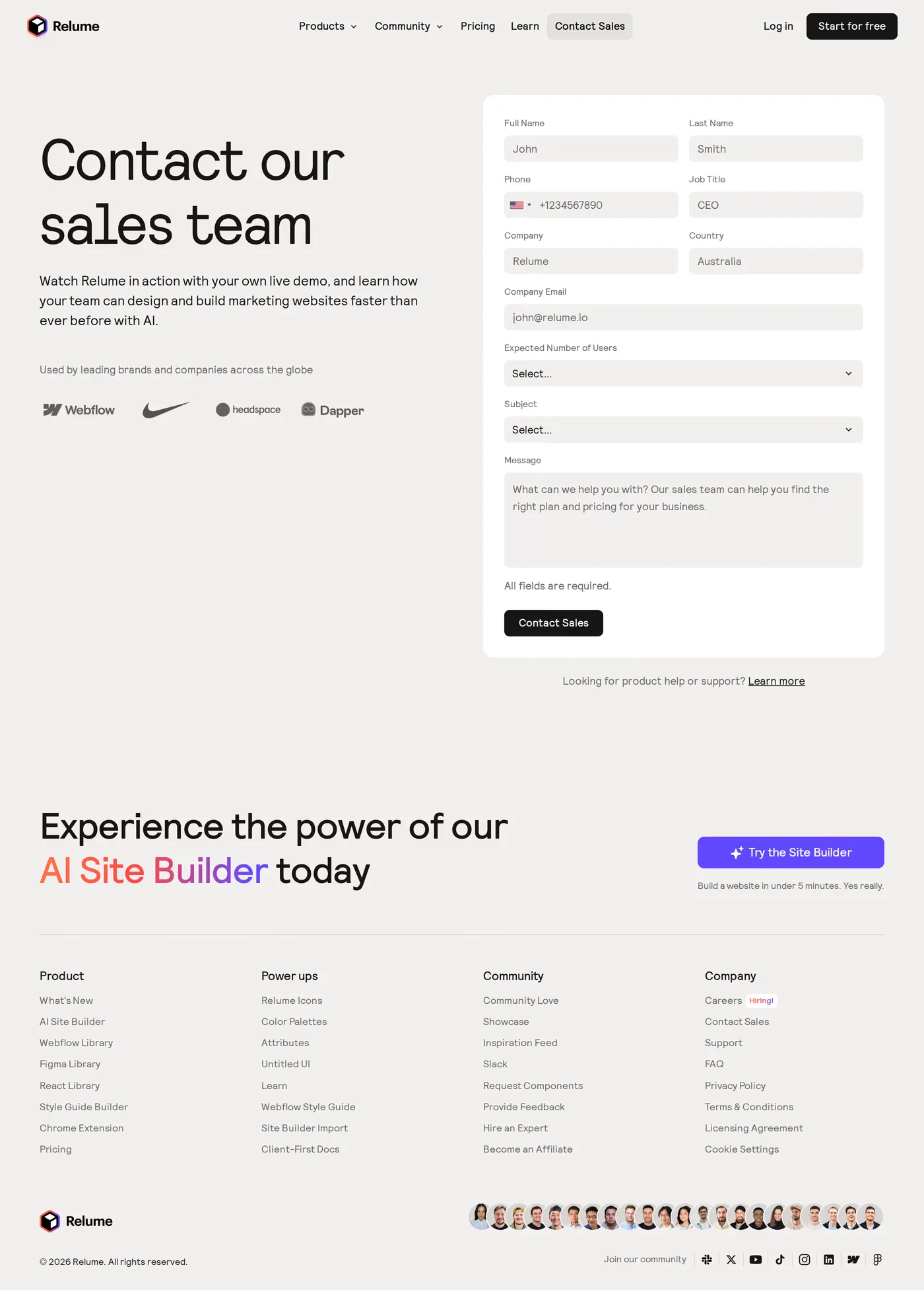 Relume — screenshot of the contact page