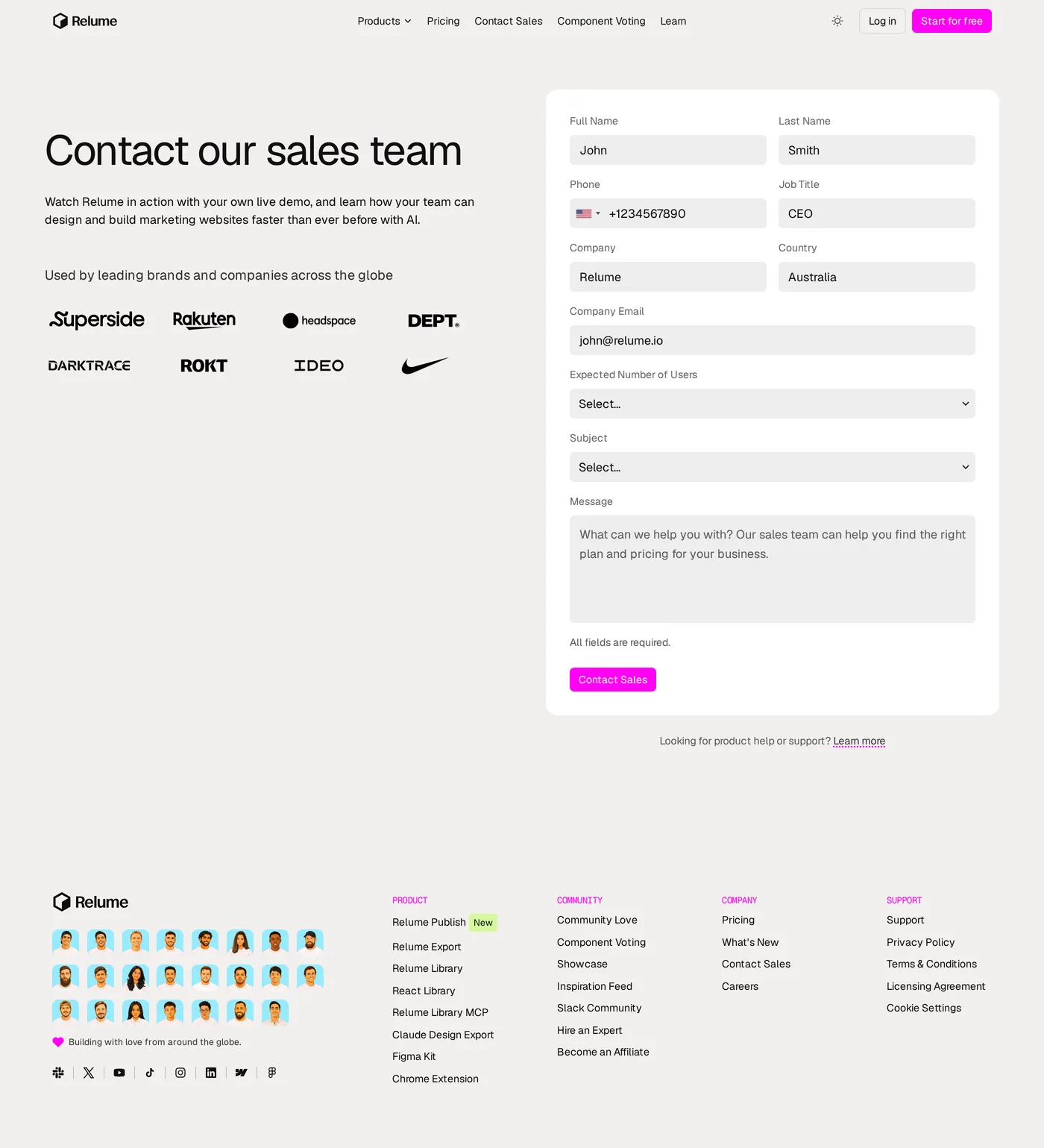 Relume — screenshot of the contact page