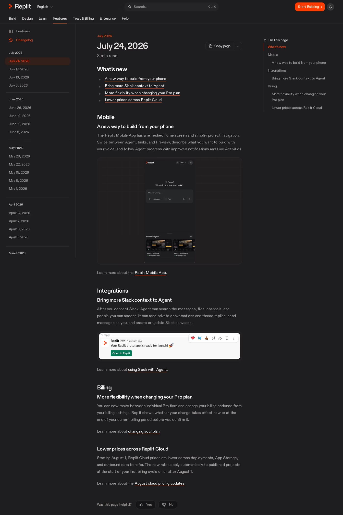 Replit changelog page