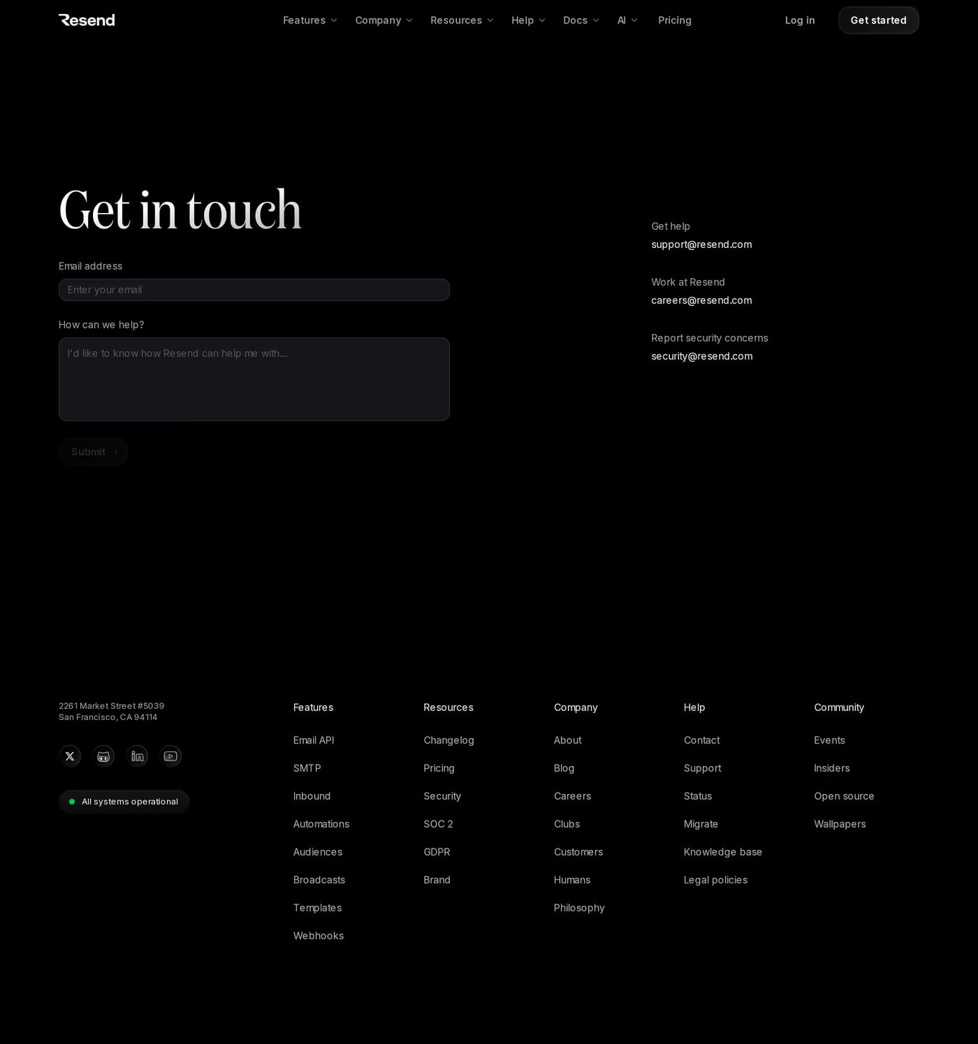 Resend — screenshot of the contact page
