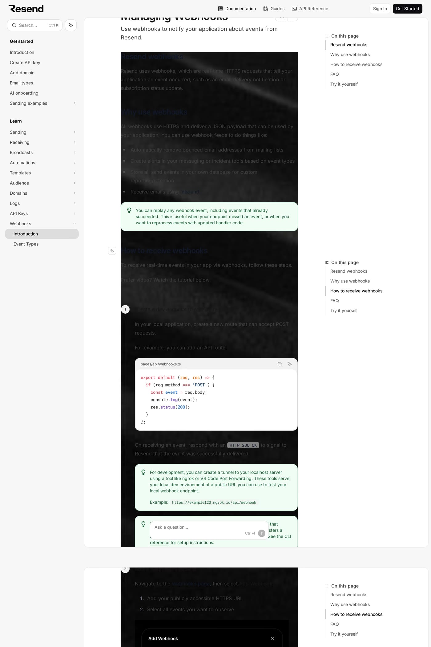 Resend docs page