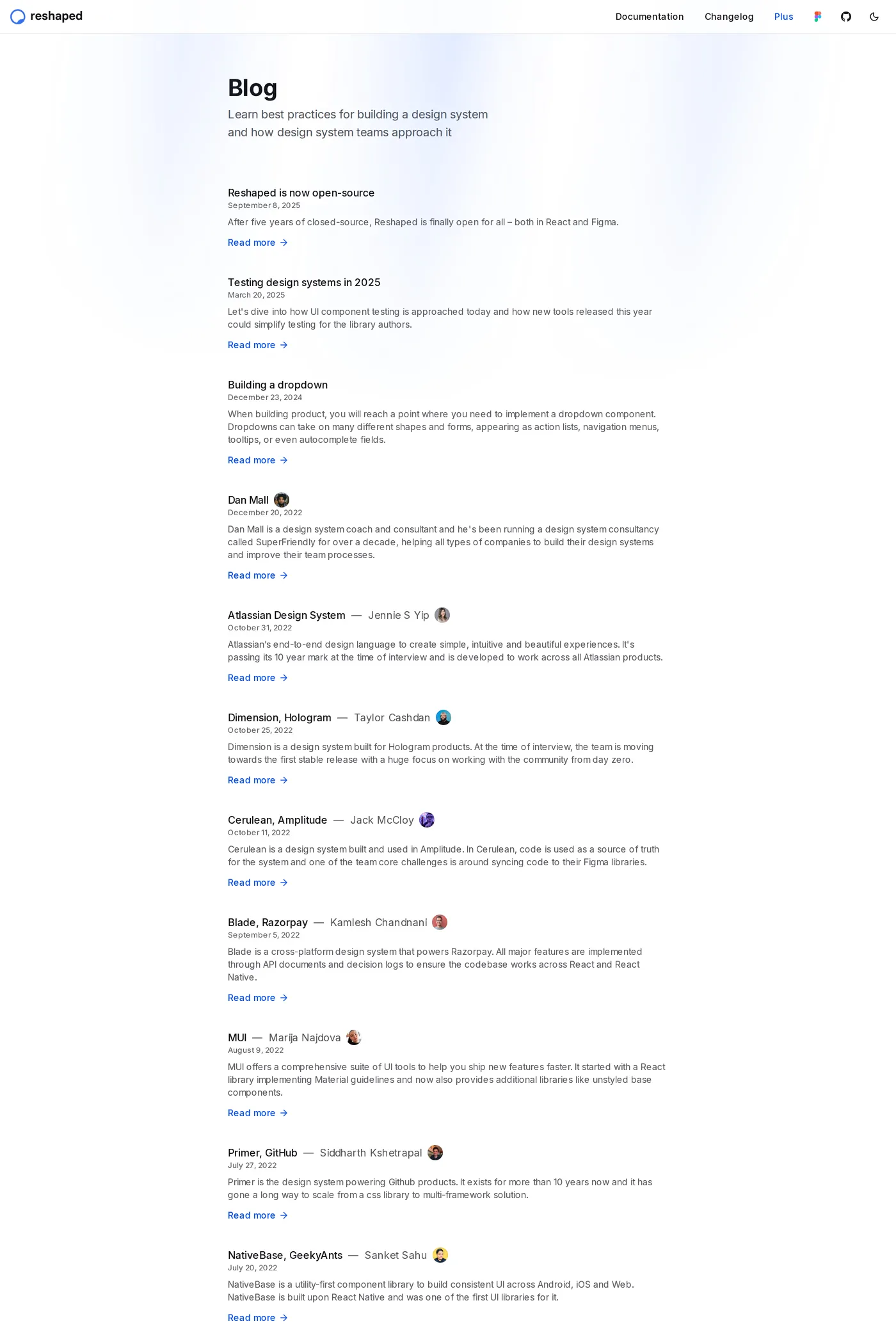 Reshaped — screenshot of the blog page