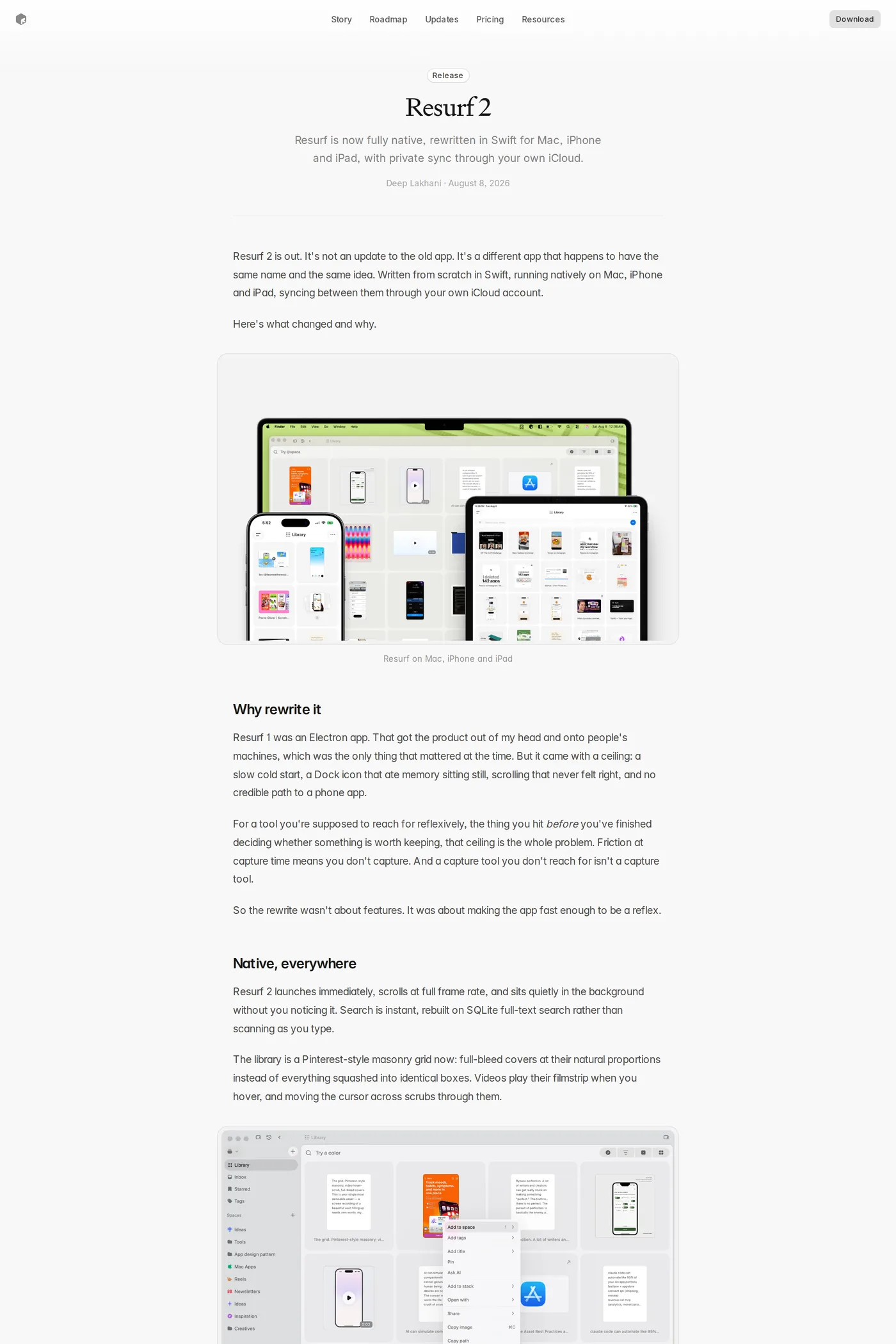 Resurf — screenshot of the blog page
