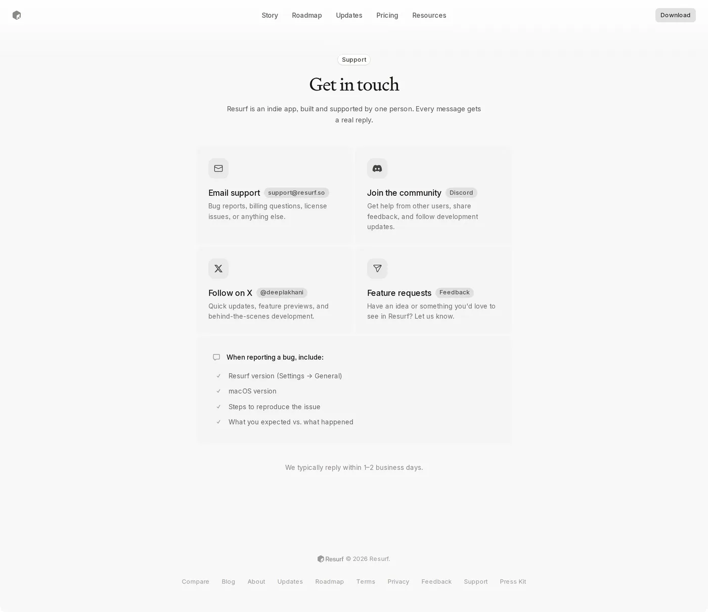 Resurf — screenshot of the contact page