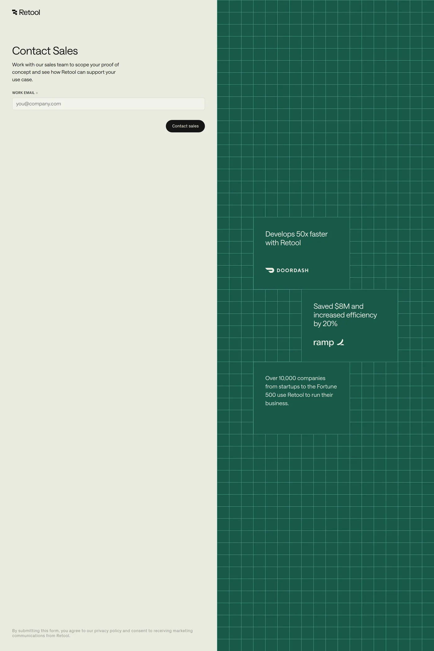 Retool — screenshot of the contact page