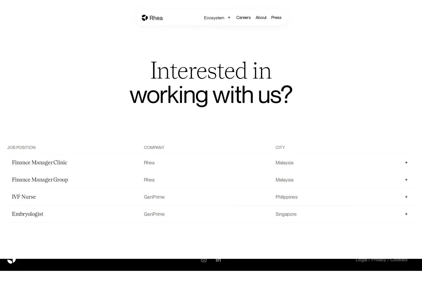 Rhea — screenshot of the careers page