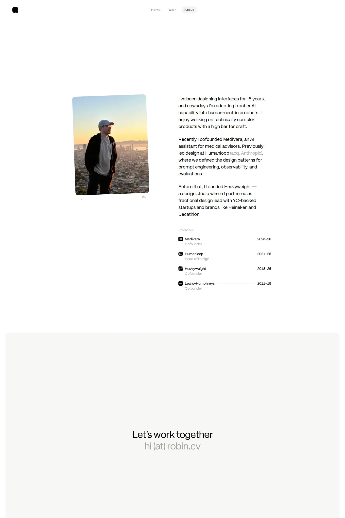 Robin Humphreys — screenshot of the about page