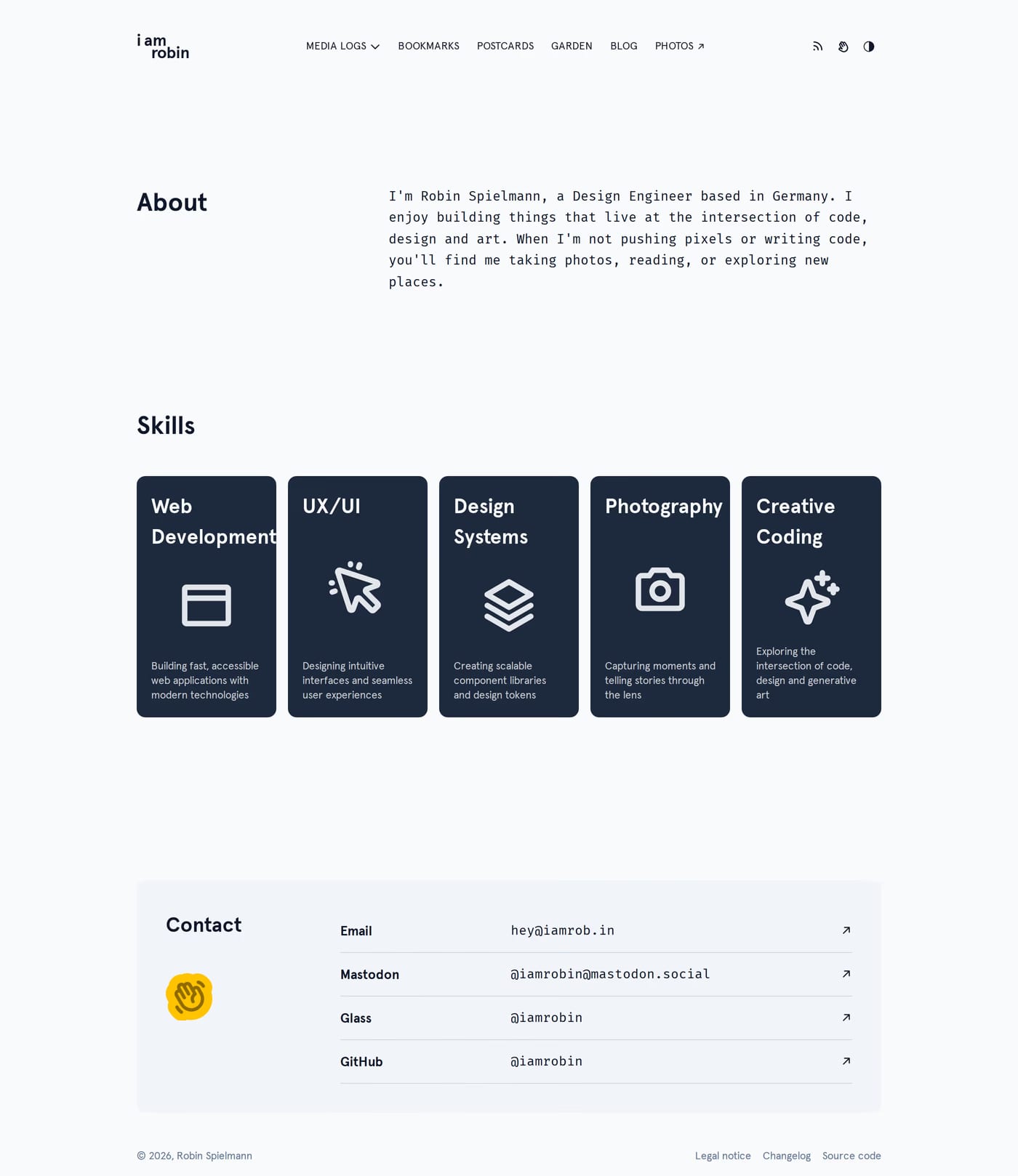 Robin Spielmann — screenshot of the about page