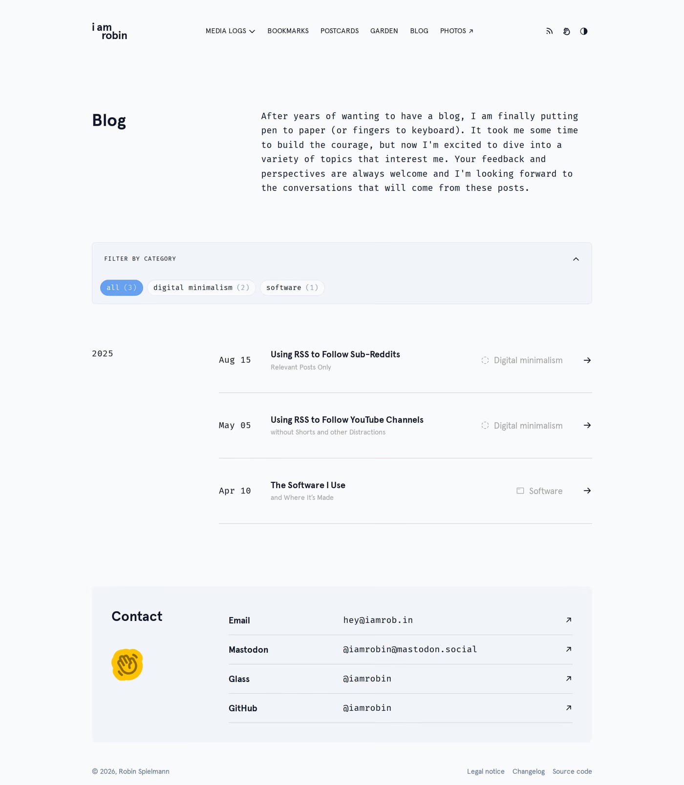 Robin Spielmann — screenshot of the blog page