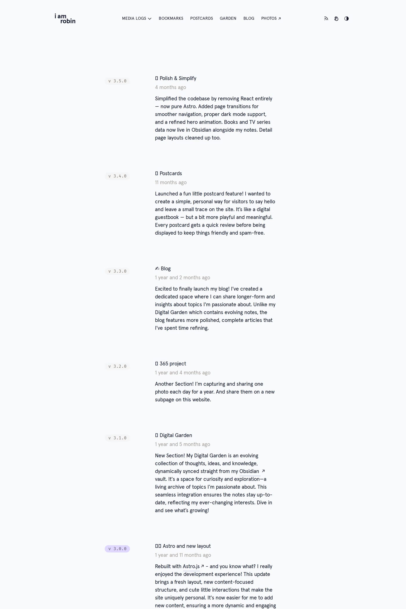 Robin Spielmann — screenshot of the changelog page