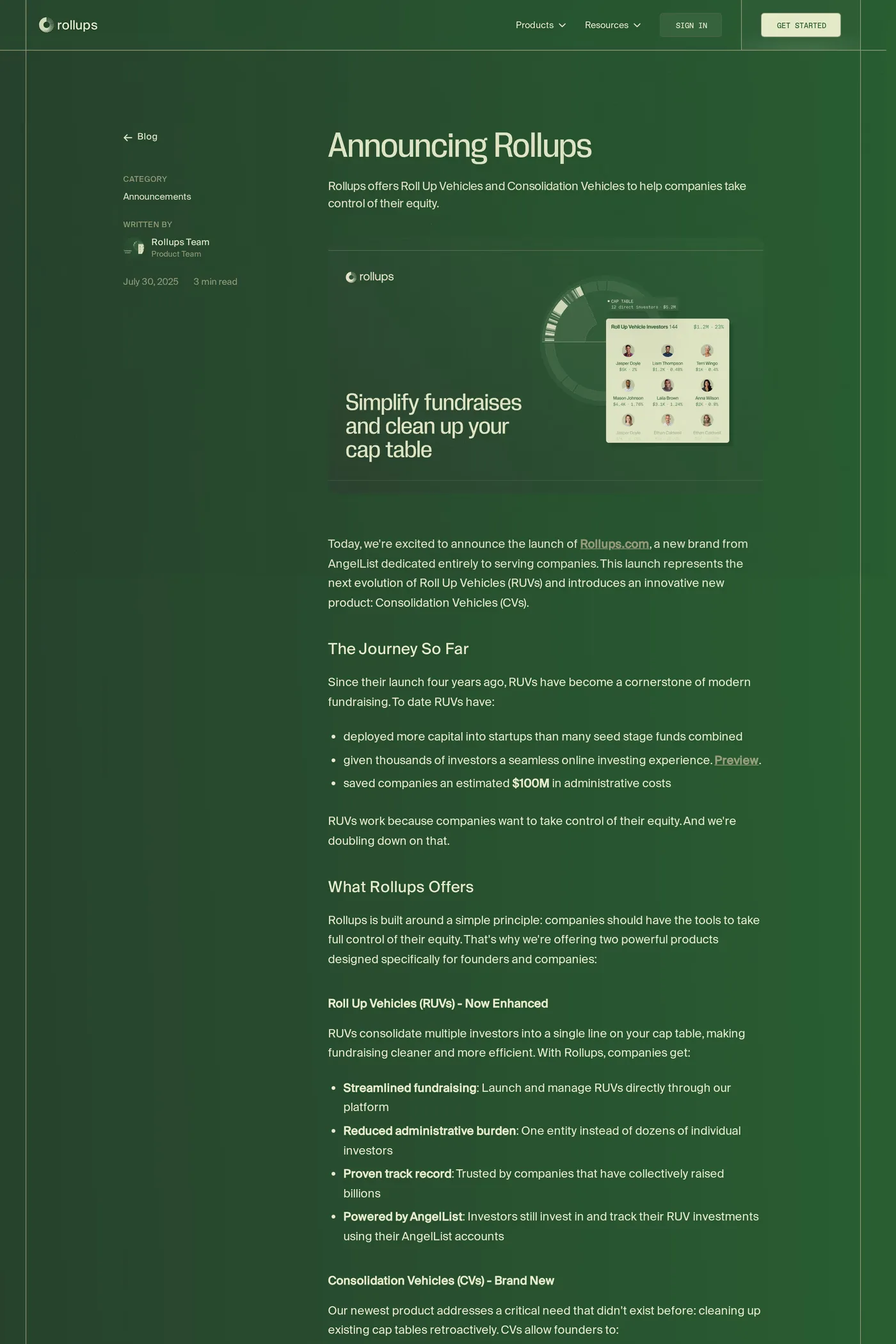Rollups — screenshot of the blog page