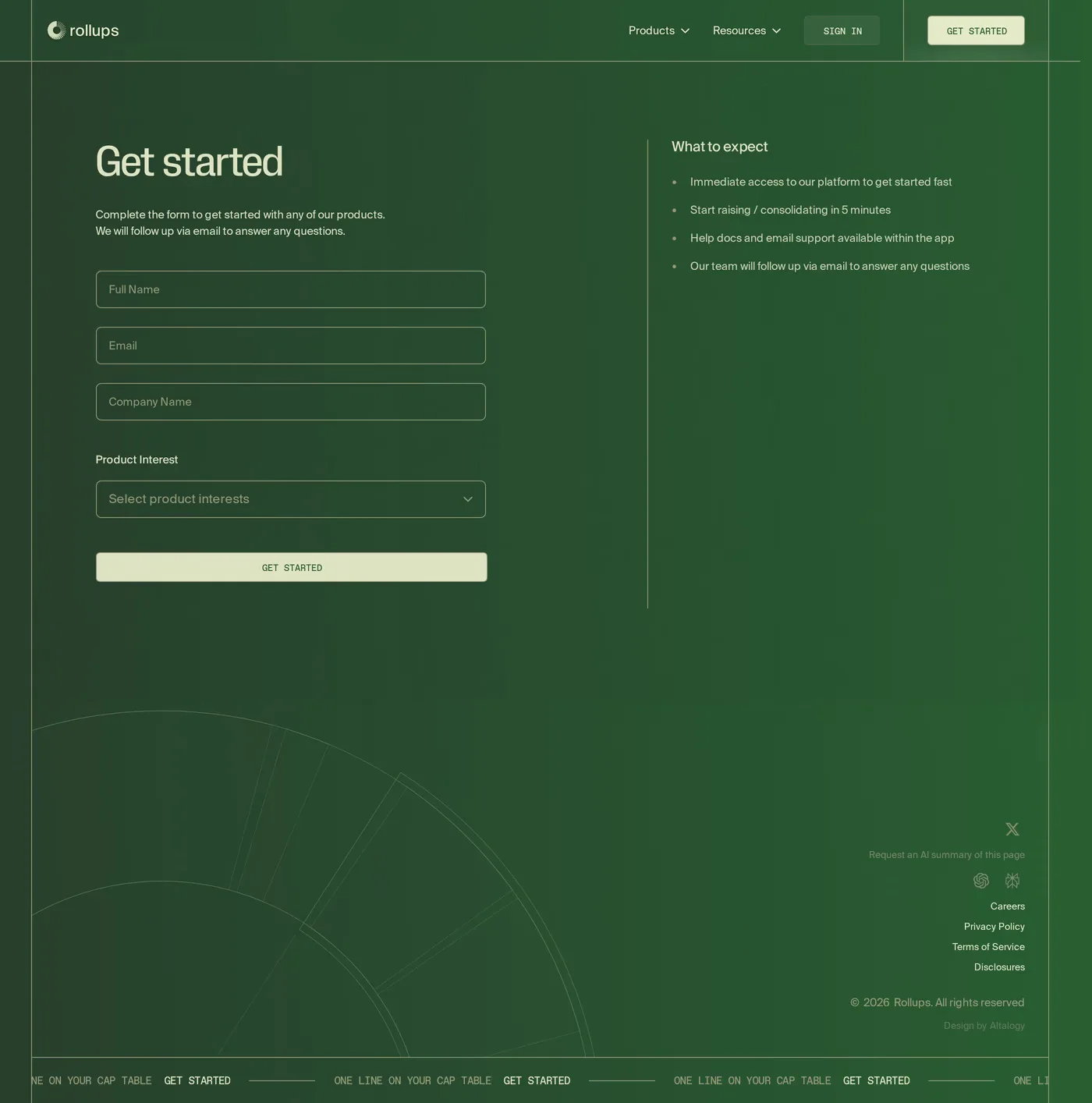 Rollups — screenshot of the contact page